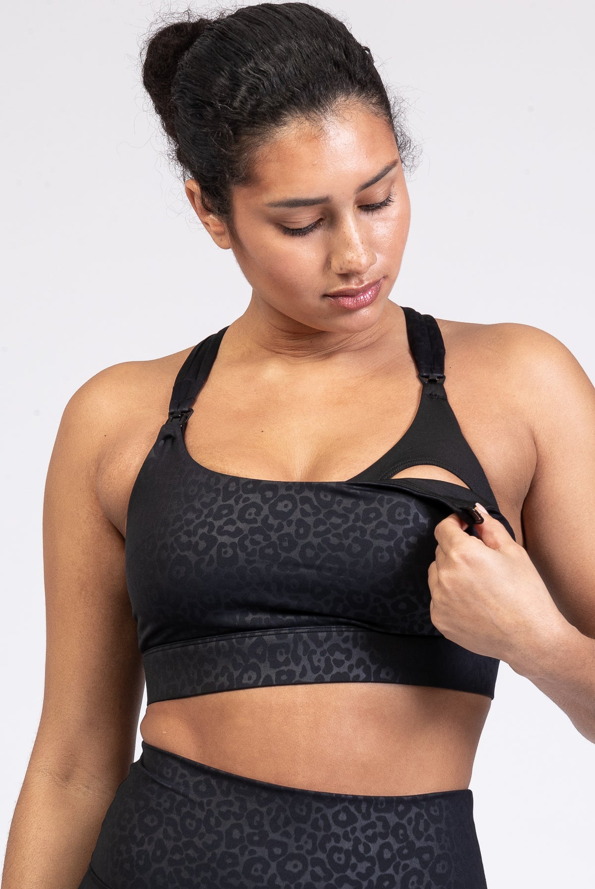 Chloe 4 Running Nursing and Pumping Sports Bra, black, strappy back, supportive, stylish, mid high impact, high coverage, supportive, large chest, black cheetah, sweat and milk