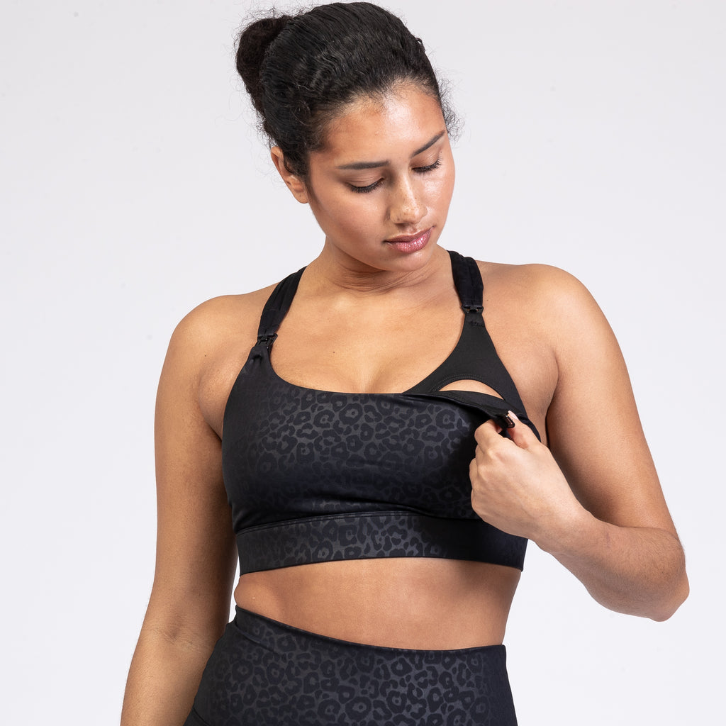 Chloe 4 Running Nursing and Pumping Sports Bra, black, strappy back, supportive, stylish, mid high impact, high coverage, supportive, large chest, black cheetah, sweat and milk