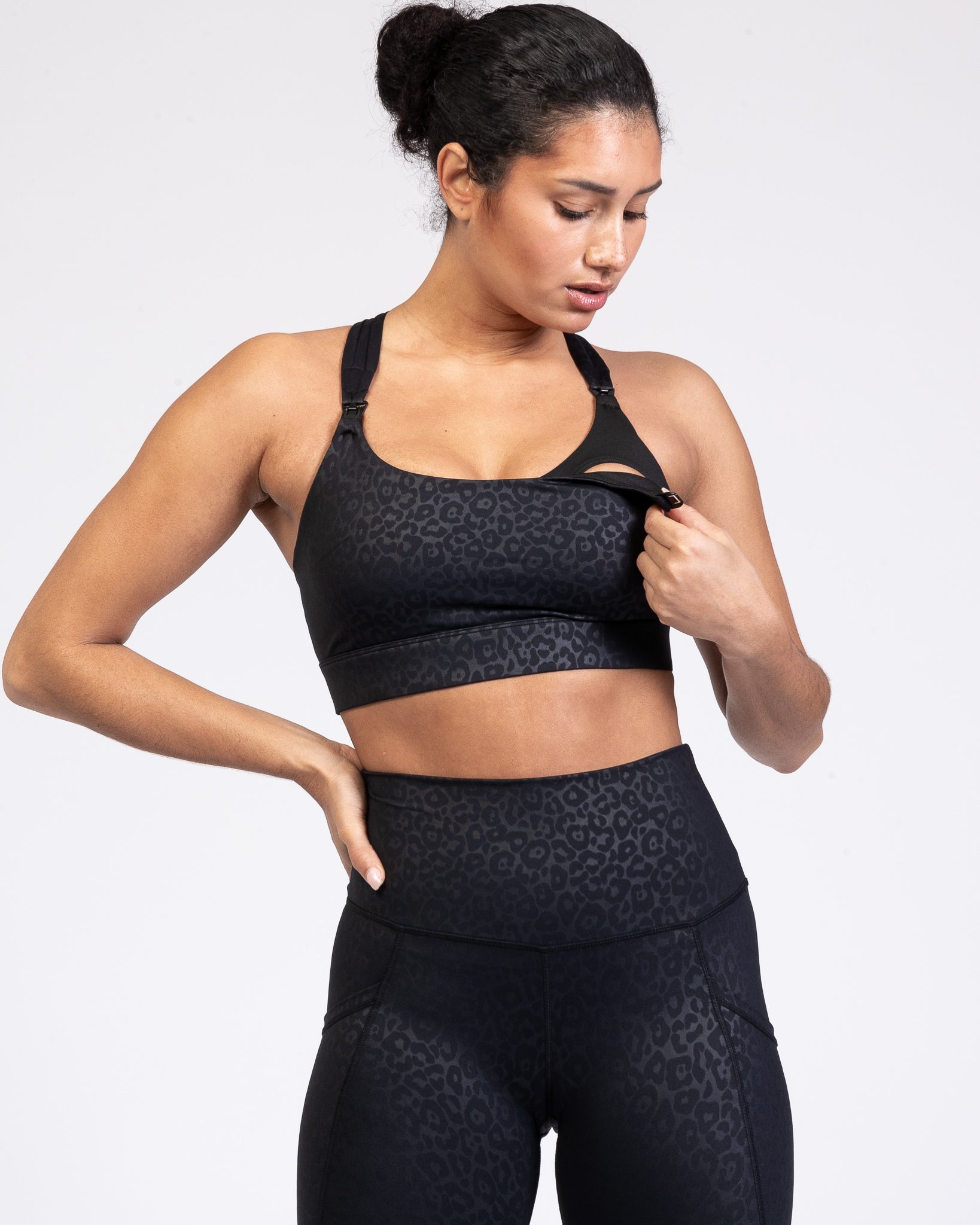 Chloe 4 Running Nursing and Pumping Sports Bra, black, strappy back, supportive, stylish, mid high impact, high coverage, supportive, large chest, black cheetah, sweat and milk