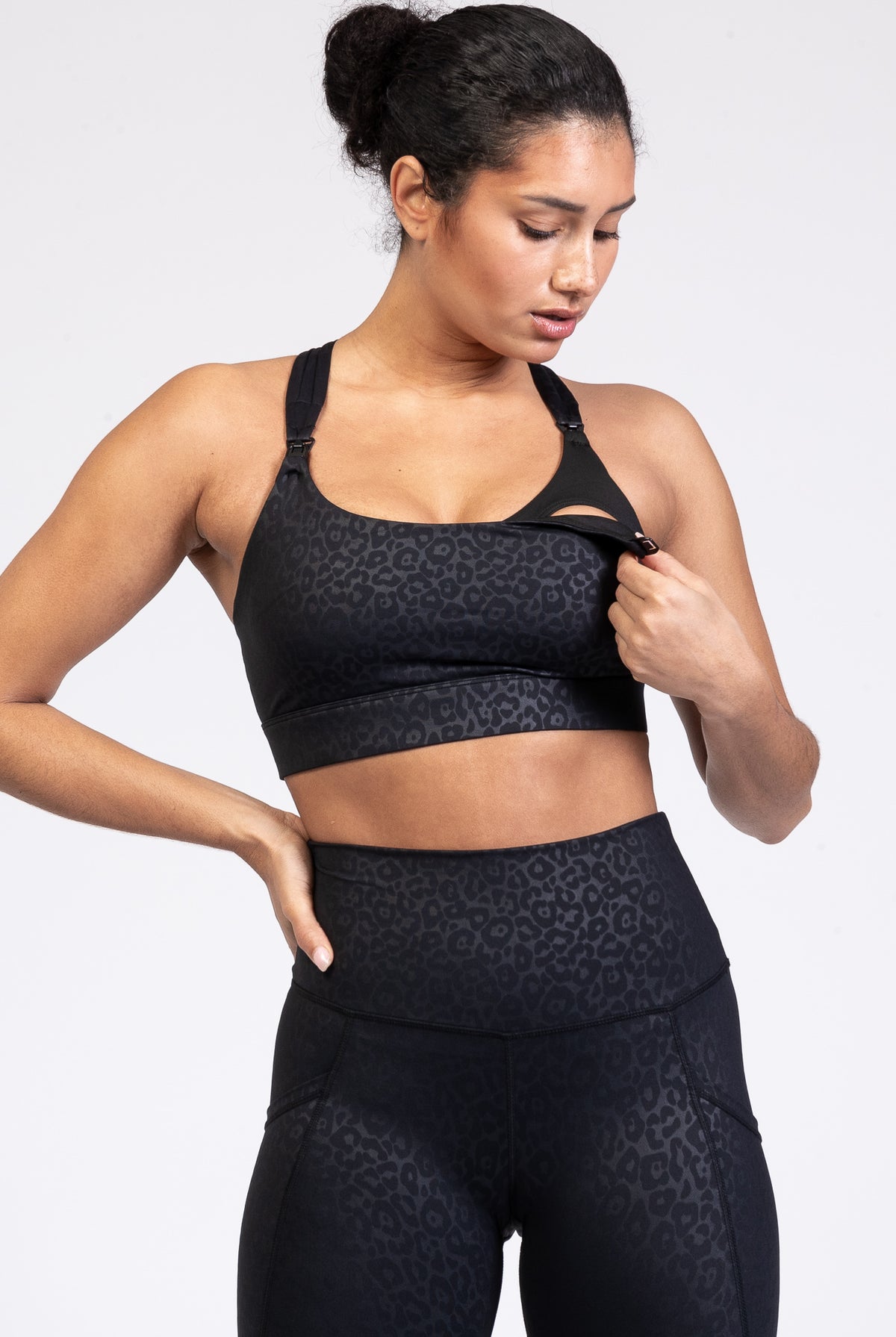 Chloe 4 Running Nursing and Pumping Sports Bra, black, strappy back, supportive, stylish, mid high impact, high coverage, supportive, large chest, black cheetah, sweat and milk