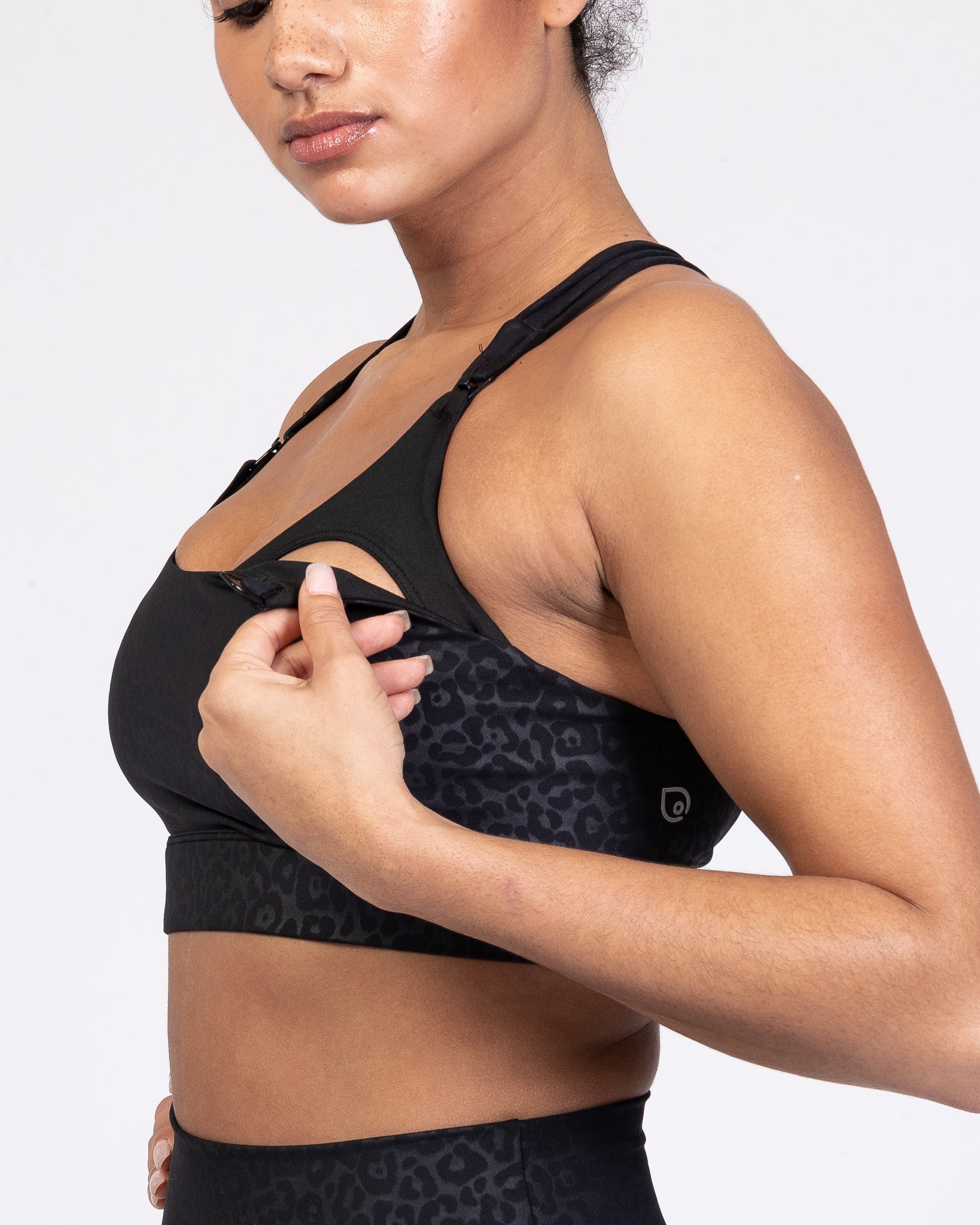 Chloe 4 Running Nursing and Pumping Sports Bra, black, strappy back, supportive, stylish, mid high impact, high coverage, supportive, large chest, black cheetah, sweat and milk