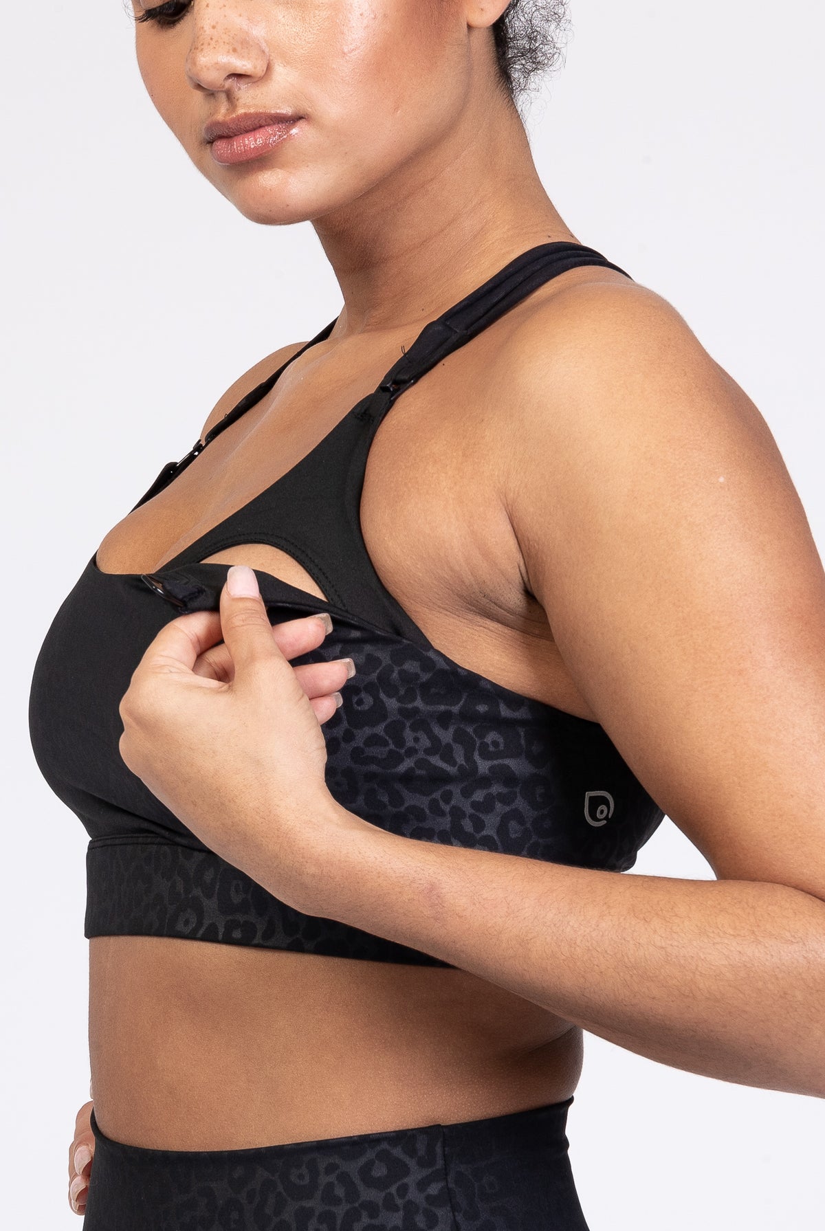 Chloe 4 Running Nursing and Pumping Sports Bra, black, strappy back, supportive, stylish, mid high impact, high coverage, supportive, large chest, black cheetah, sweat and milk