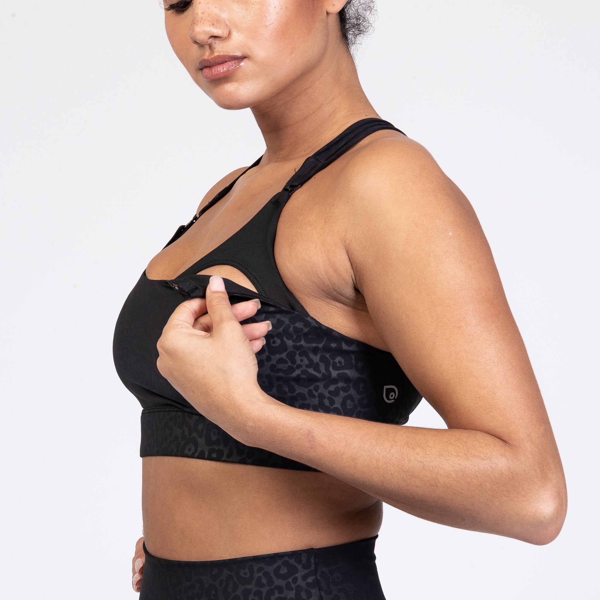 Chloe 4 Running Nursing and Pumping Sports Bra, black, strappy back, supportive, stylish, mid high impact, high coverage, supportive, large chest, black cheetah, sweat and milk