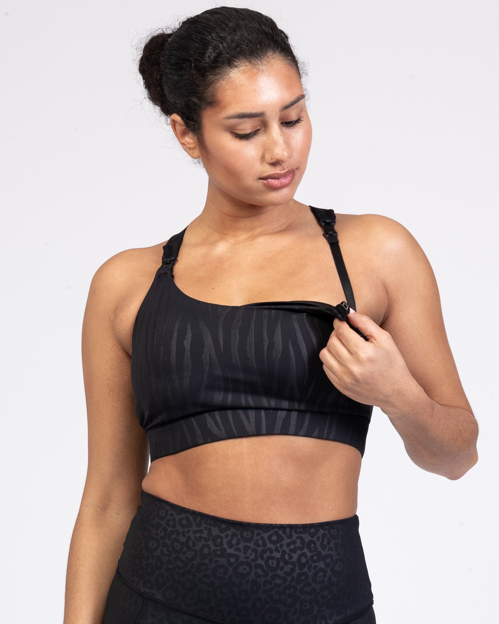 Venice 3 High Impact Nursing sports bra for big chest, Black Tiger, Sweat and Milk