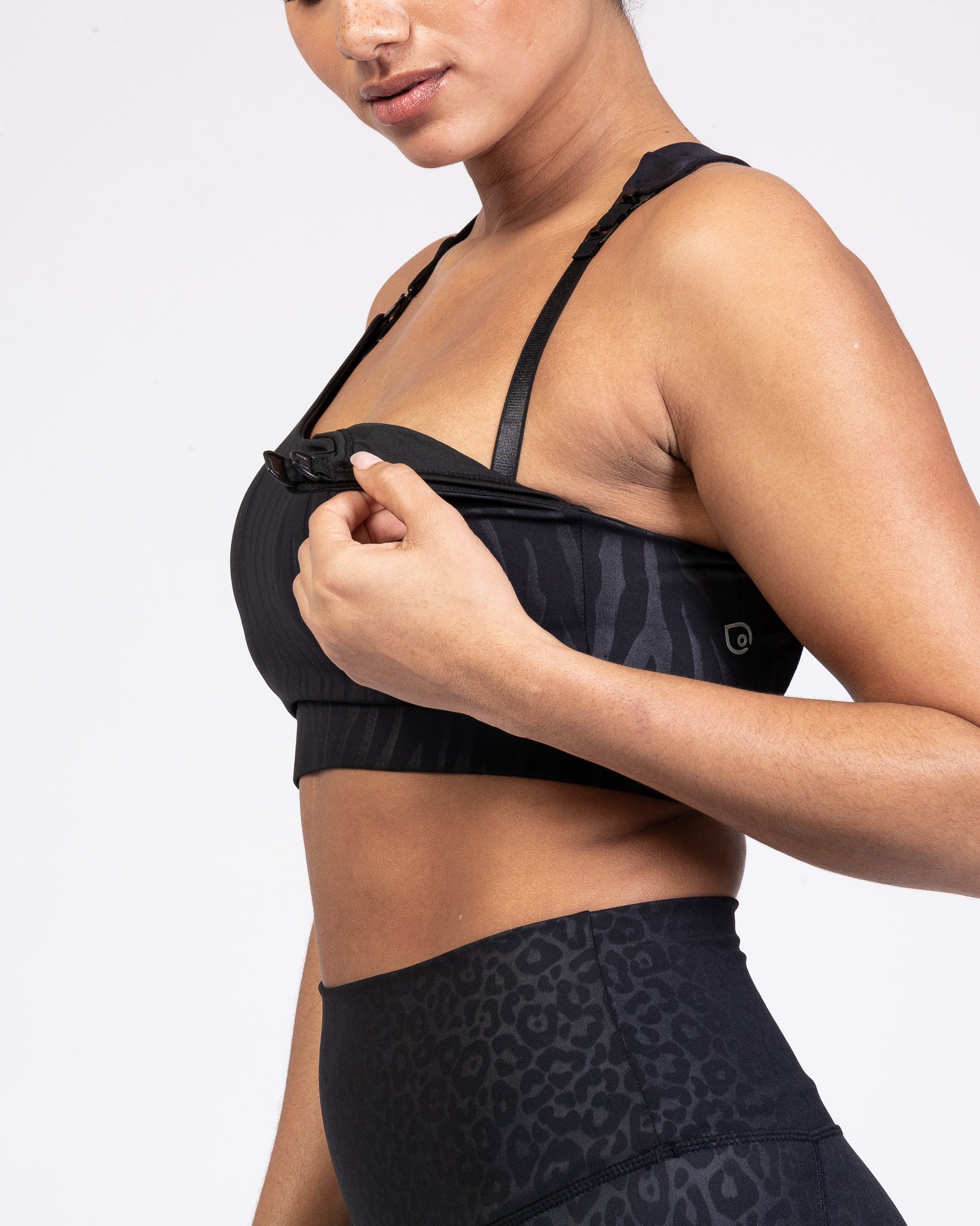 Venice 3 High Impact Nursing sports bra for big chest, Black Tiger, Sweat and Milk
