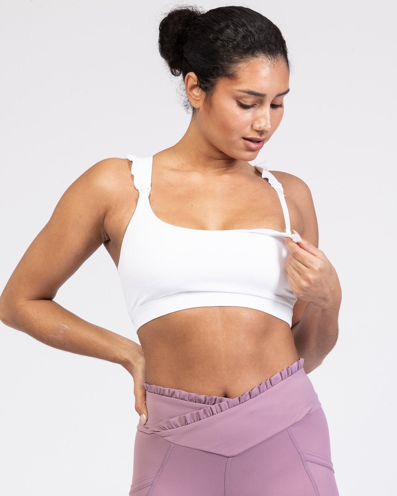 Madison Ruffle Nursing Sports Bra, Medium support, running, largest breast, white