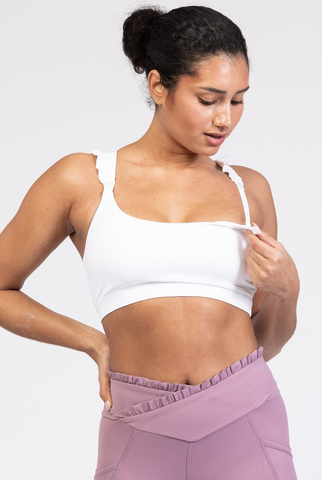 Madison Ruffle Nursing Sports Bra, Medium support, running, largest breast, white