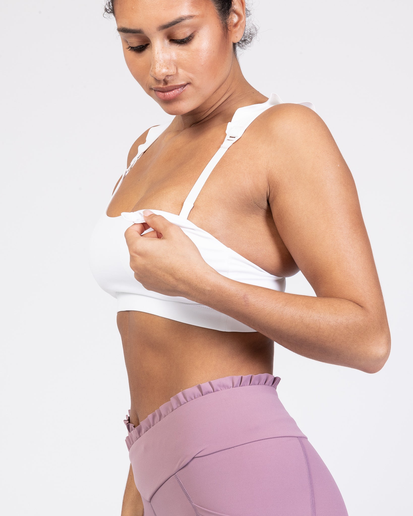 Madison Ruffle Nursing Sports Bra, Medium support, running, largest breast, white