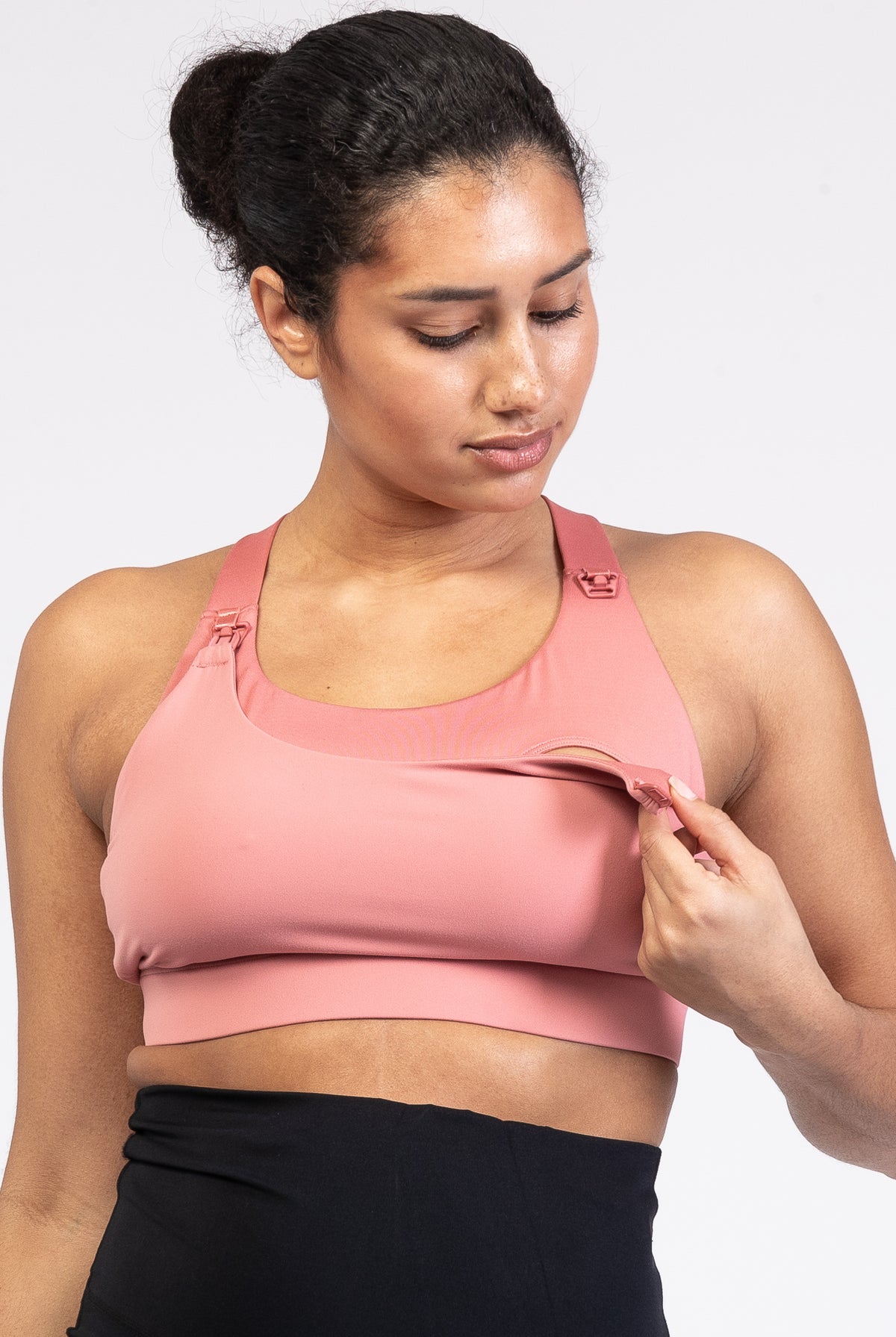 Venice High Impact Nursing Sports Bra, clip down nursing bra, large cups, adjustable, peach, Sweat and Milk