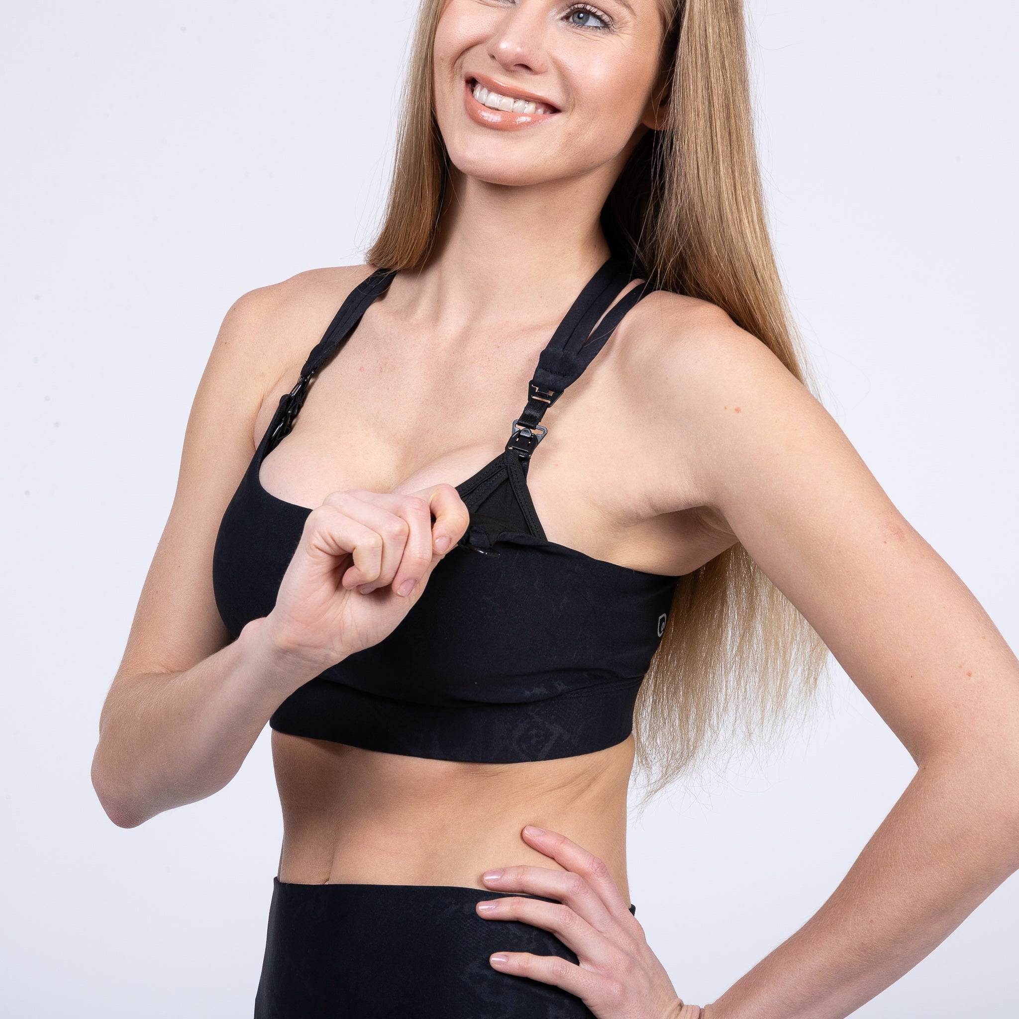 Chloe 4 Running Nursing and Pumping Sports Bra, black, strappy back, supportive, stylish, mid high impact, high coverage, supportive, large chest, black, sweat and milk