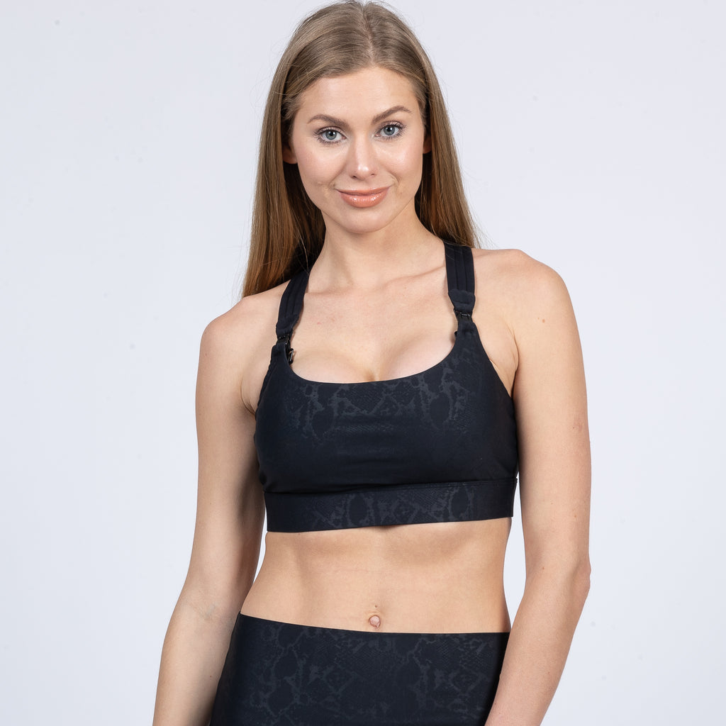 Chloe 4 Running Nursing and Pumping Sports Bra, black, strappy back, supportive, stylish, mid high impact, high coverage, supportive, large chest, black, sweat and milk
