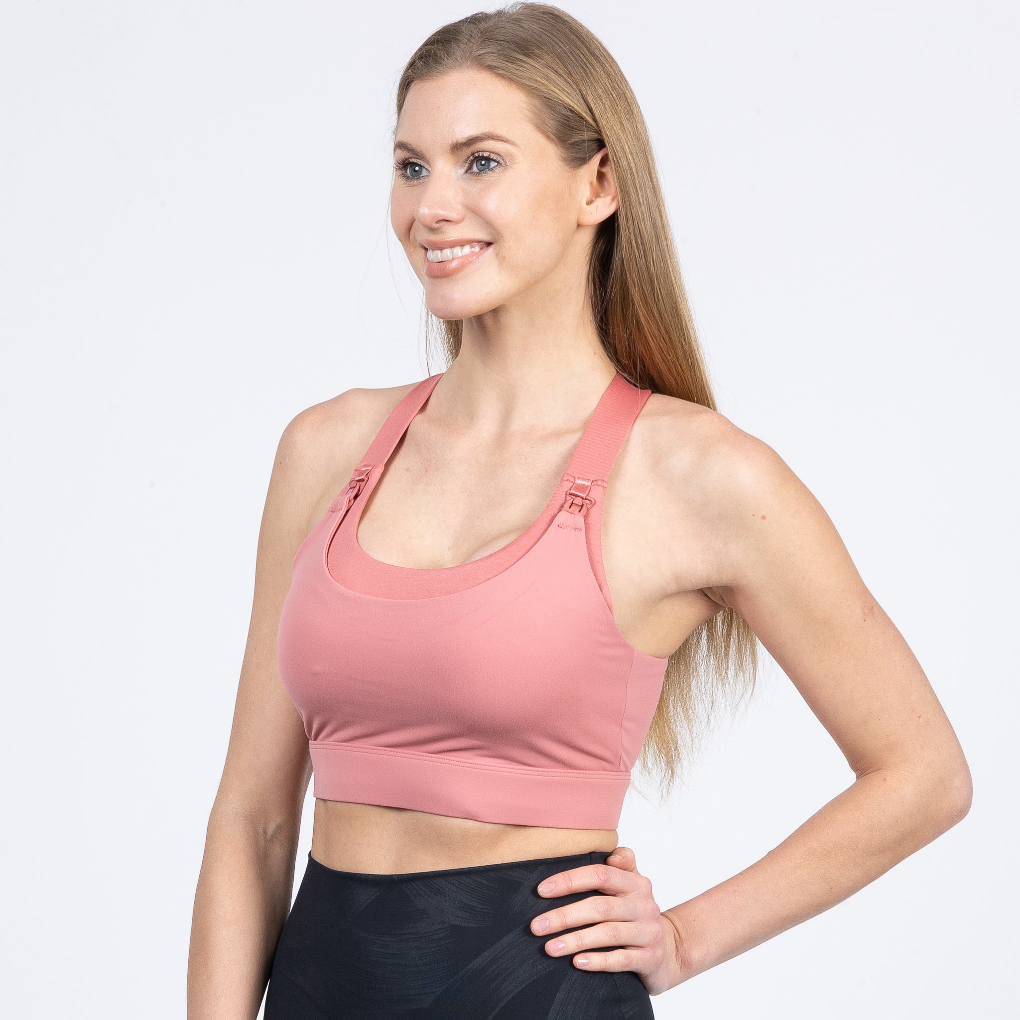 Venice High Impact Nursing Sports Bra, clip down nursing bra, large cups, adjustable, peach, Sweat and Milk
