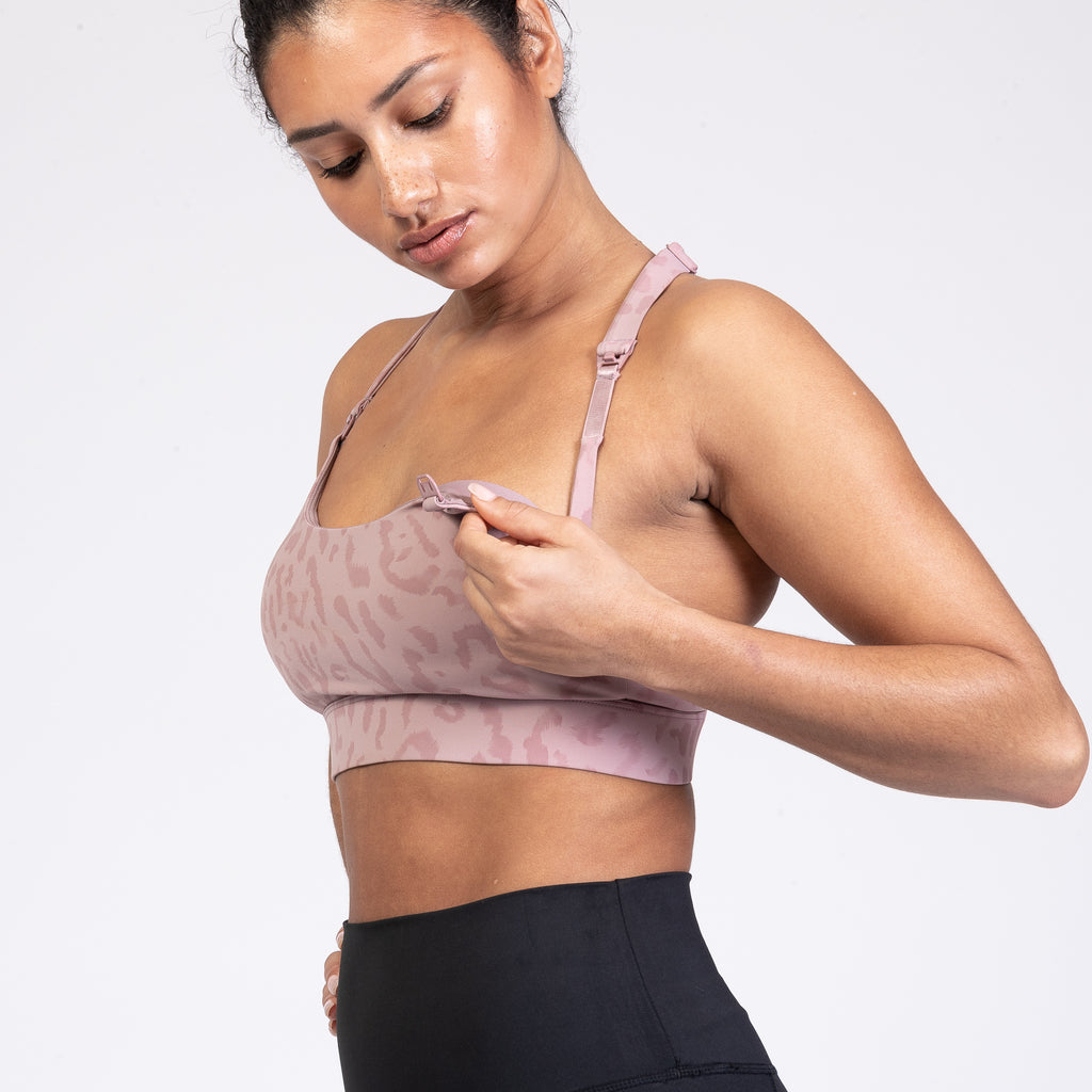 Nursing Sports Bra, strappy, adjustable straps, A-G cup, pink panther - Sweat and Milk LLC