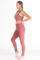 Postpartum Legging, mauve, pink, high waisted, tummy control, laser cut details on the front leg, pocket, full length, soft and stretchy