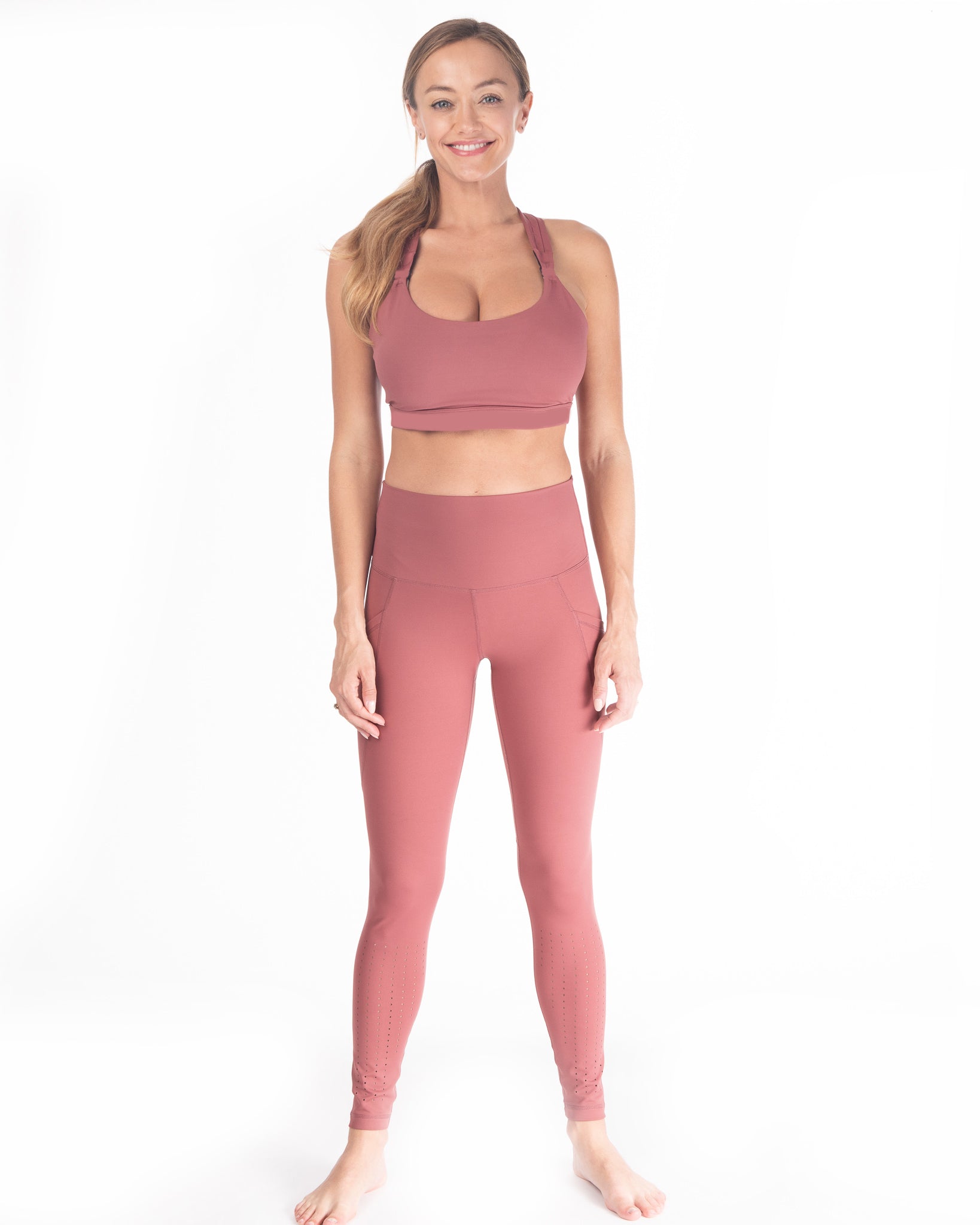 Postpartum Legging, mauve, pink, high waisted, tummy control, laser cut details on the front leg, pocket, full length, soft and stretchy