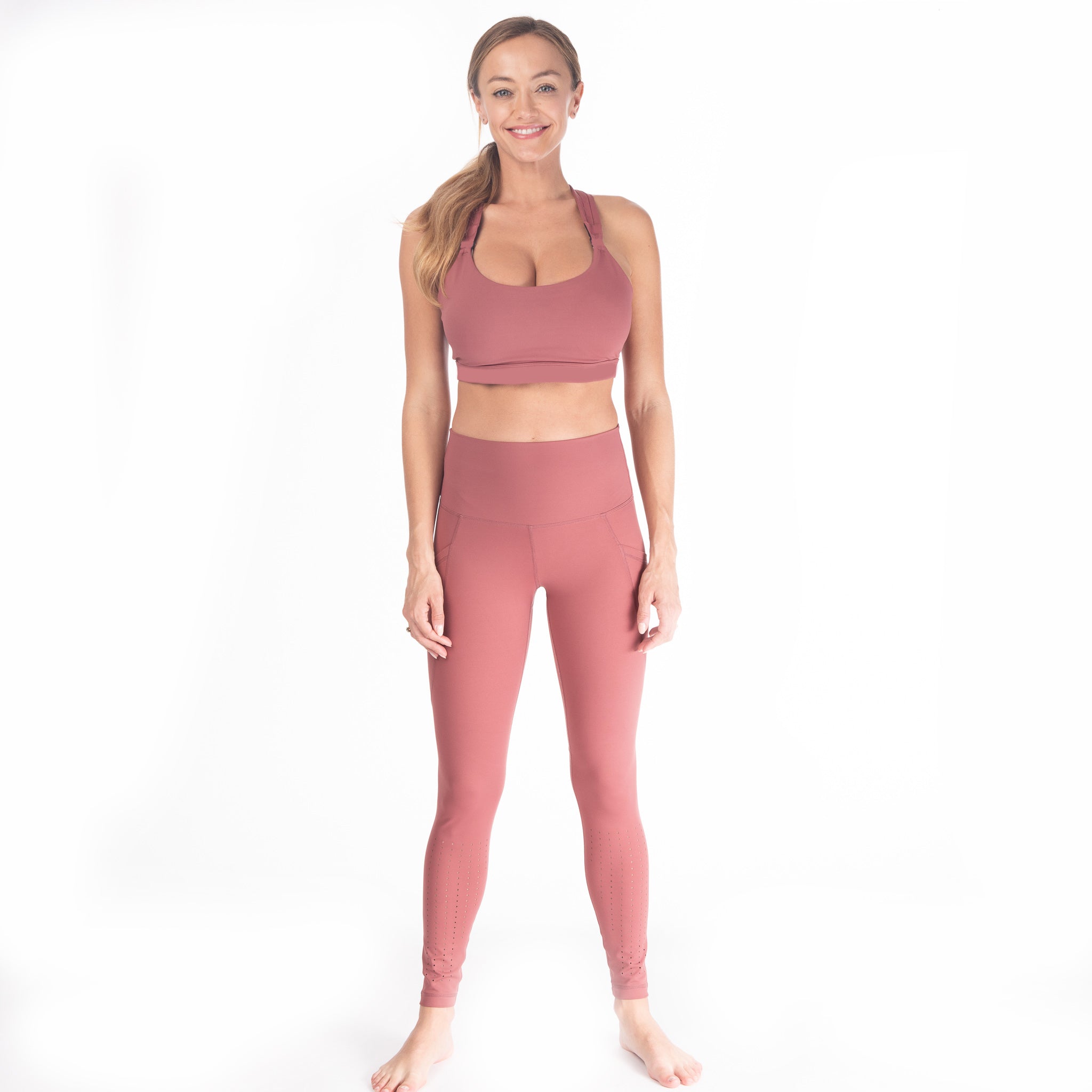Postpartum Legging, mauve, pink, high waisted, tummy control, laser cut details on the front leg, pocket, full length, soft and stretchy