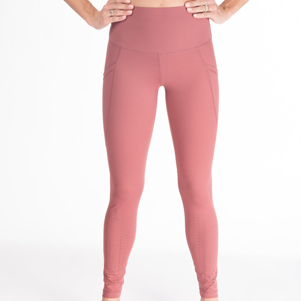 Postpartum Legging, mauve, pink, high waisted, tummy control, laser cut details on the front leg, pocket, full length, soft and stretchy