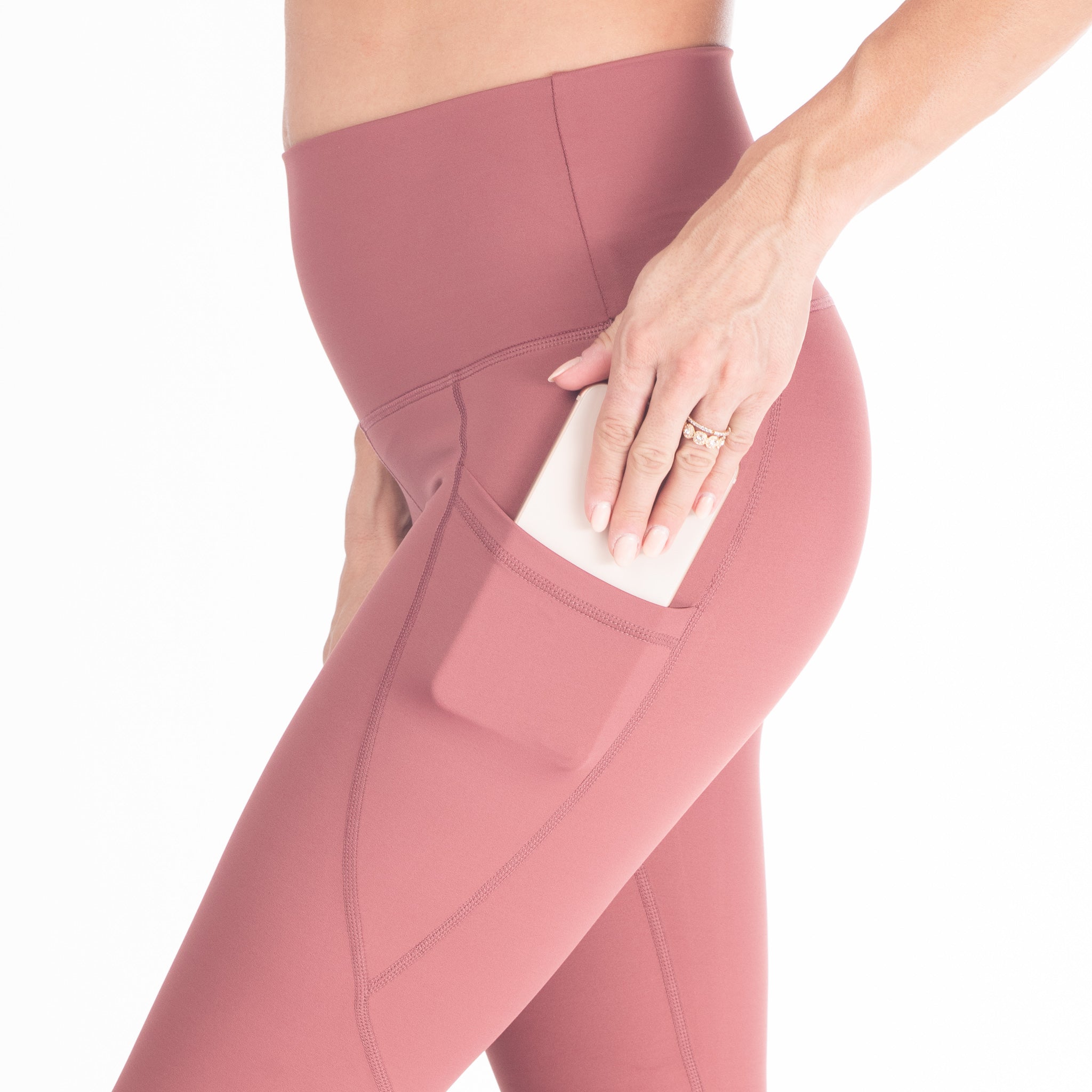Postpartum Legging, mauve, pink, high waisted, tummy control, laser cut details on the front leg, pocket, full length, soft and stretchy