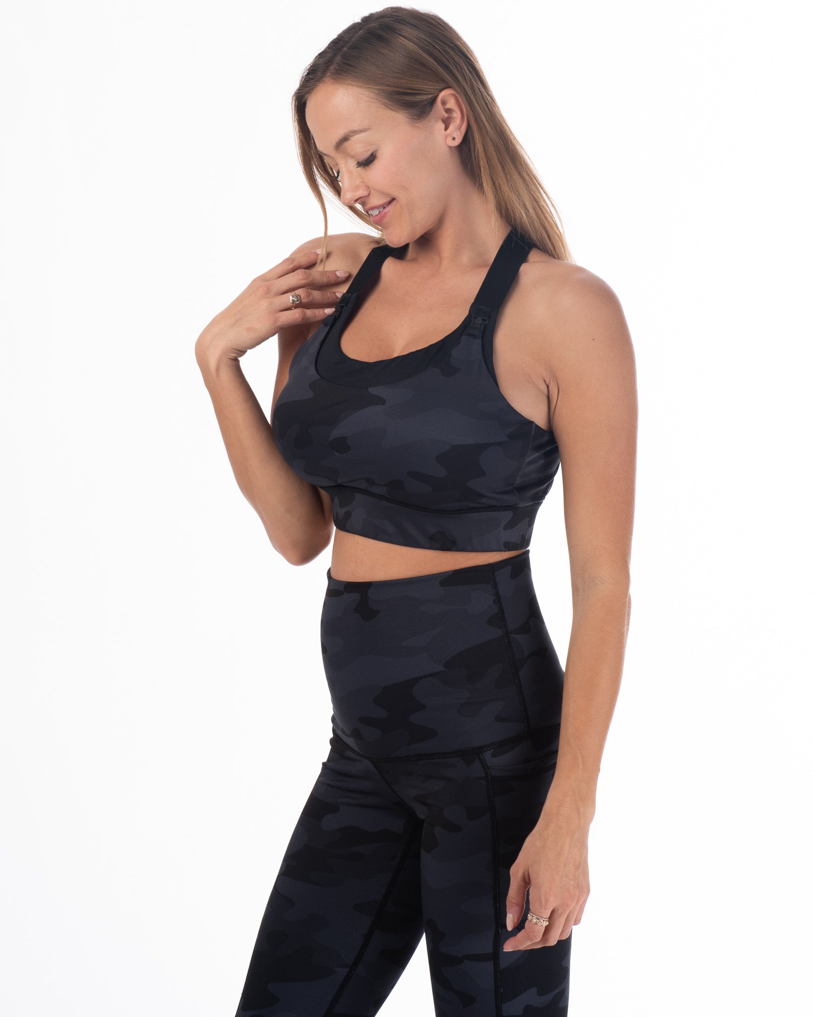 Venice High Impact Nursing Sports Bra, clip down nursing bra, large cups, adjustable, Camo, Sweat and Milk