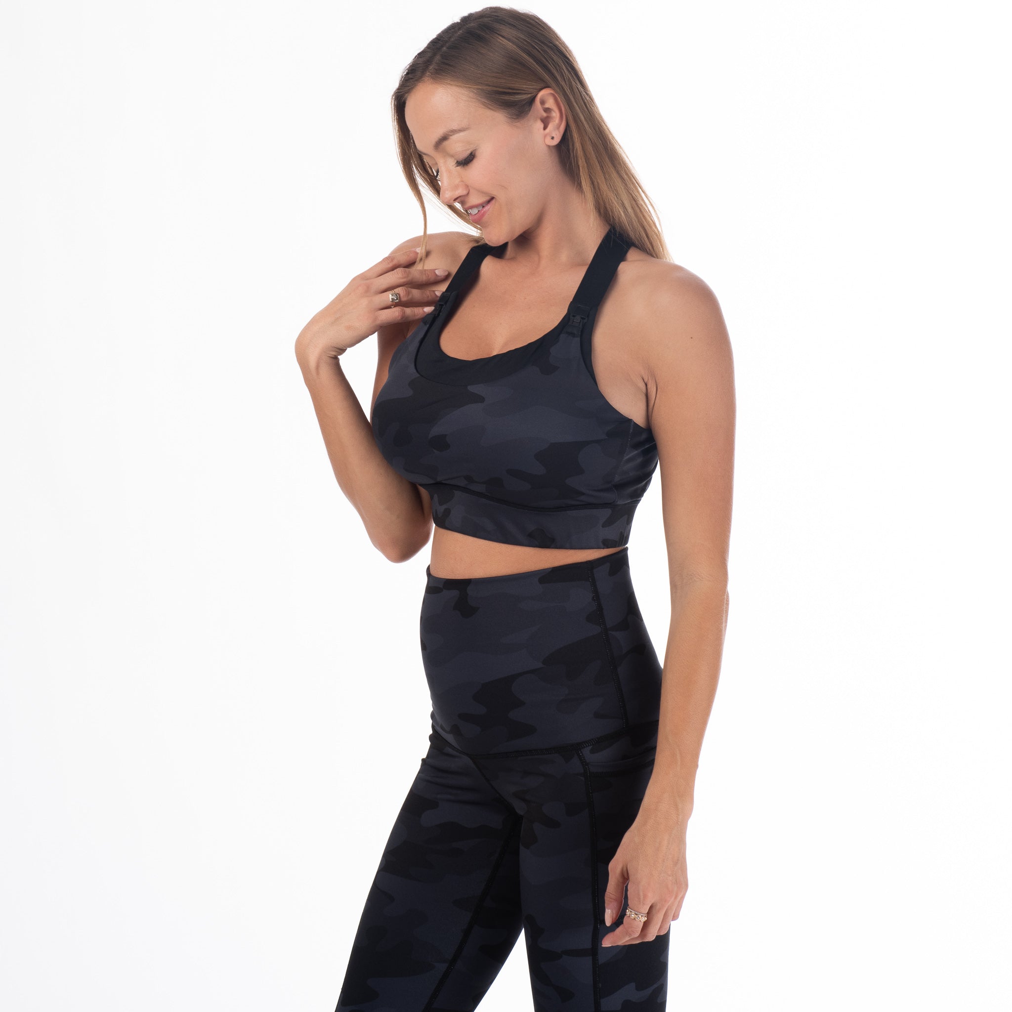 Venice High Impact Nursing Sports Bra, clip down nursing bra, large cups, adjustable, Camo, Sweat and Milk
