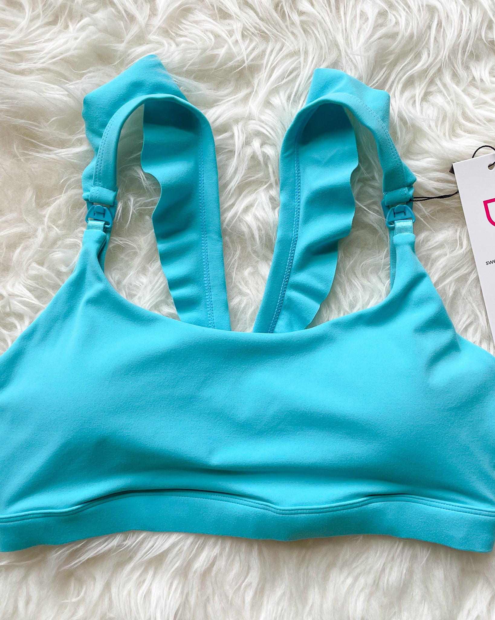 Madison Ruffle Nursing Sports Bra, Medium support, running, largest breast, aqua