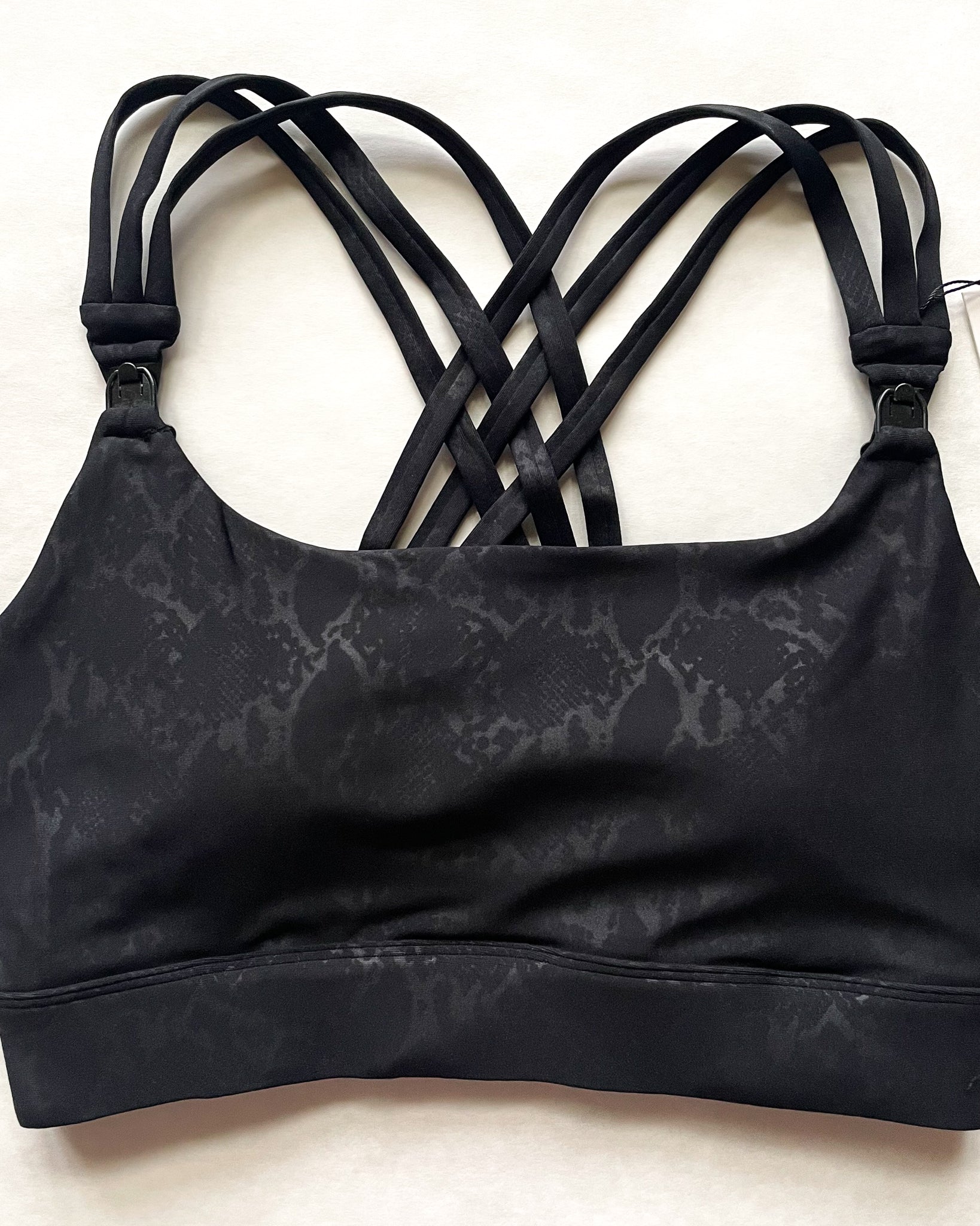 Chloe 4 Running Nursing and Pumping Sports Bra, black, strappy back, supportive, stylish, mid high impact, high coverage, supportive, large chest, black, sweat and milk
