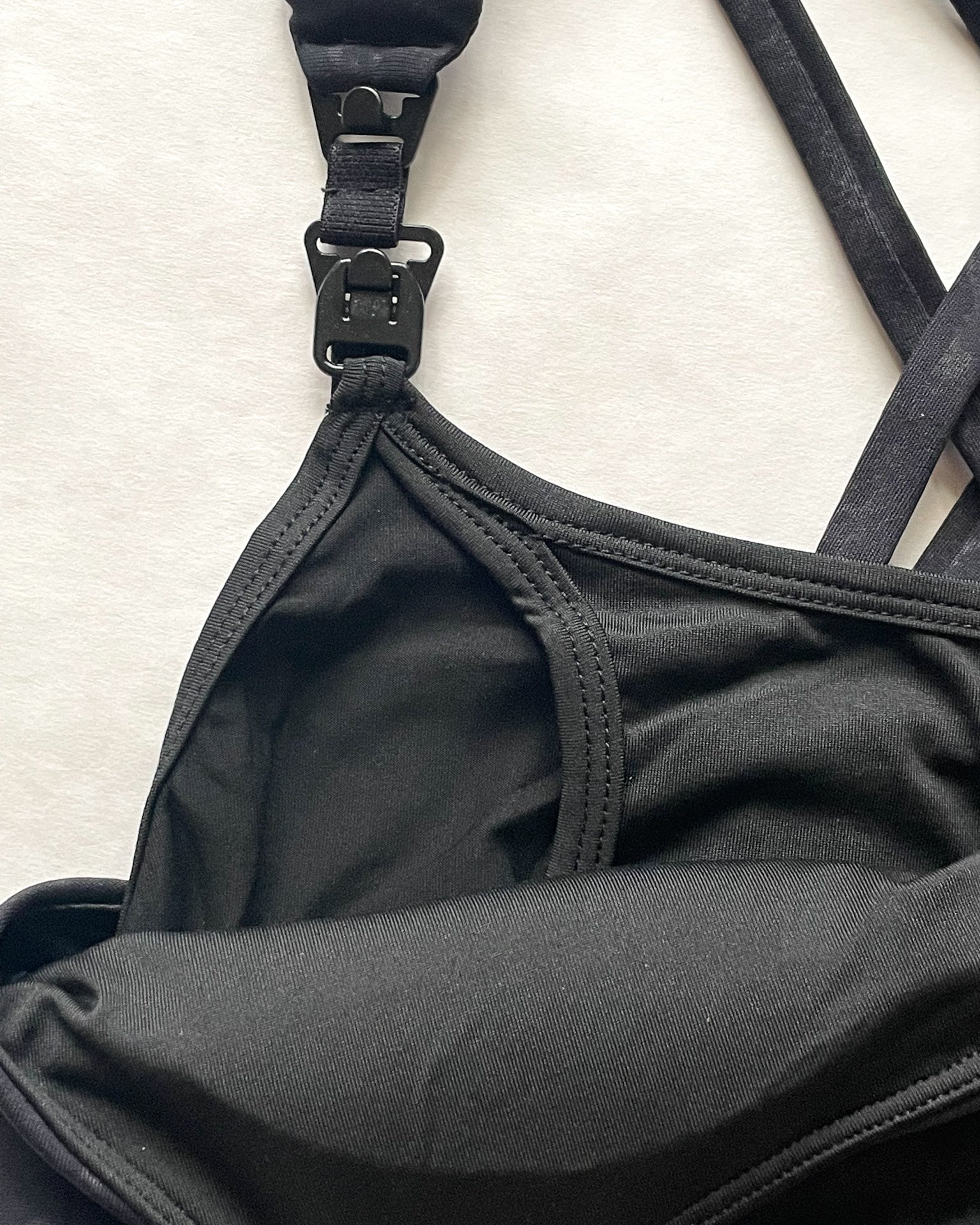 Chloe 4 Running Nursing and Pumping Sports Bra, black, strappy back, supportive, stylish, mid high impact, high coverage, supportive, large chest, black, sweat and milk