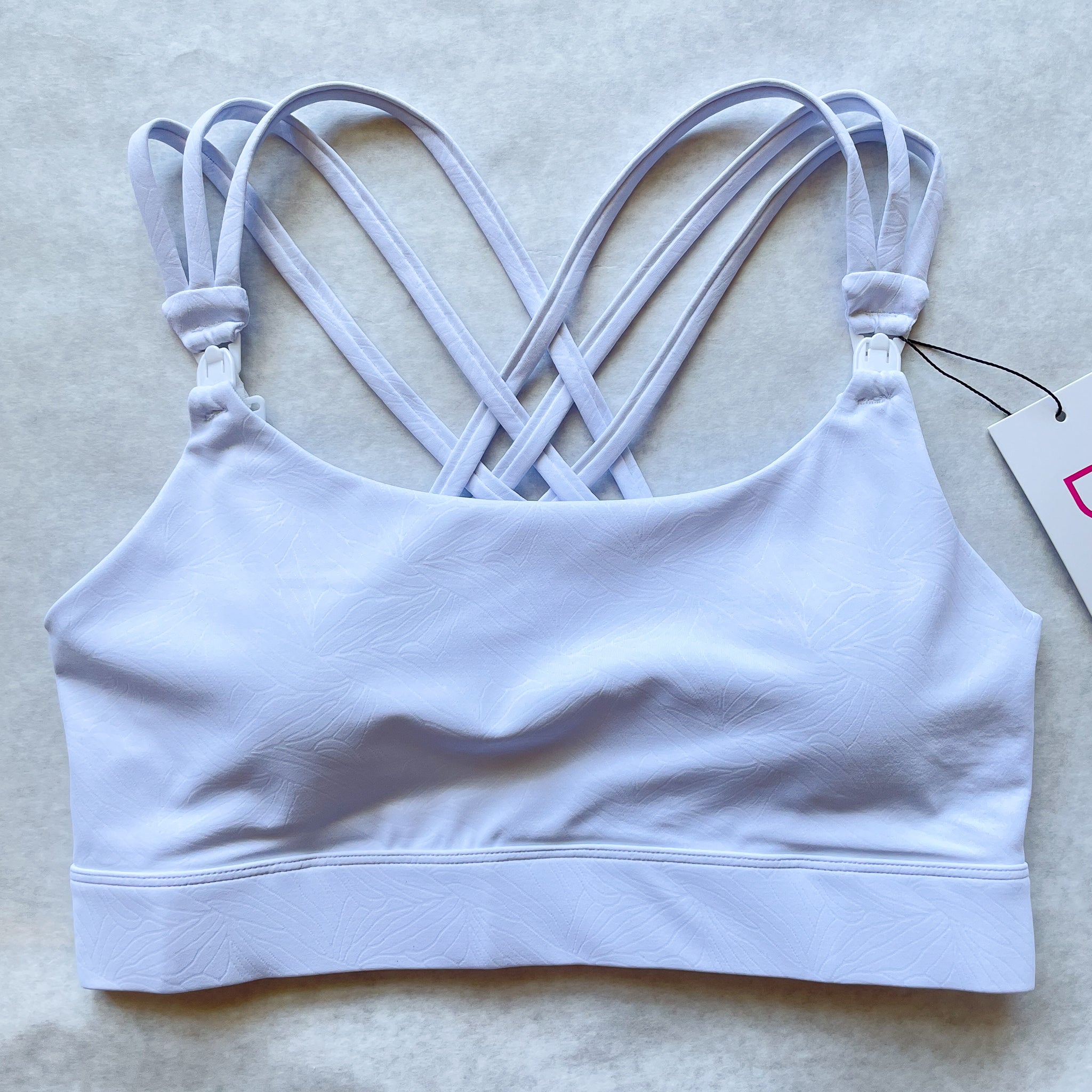 Chloe 4 Running Nursing and Pumping Sports Bra, black, strappy back, supportive, stylish, mid high impact, high coverage, supportive, large chest, white floral, sweat and milk