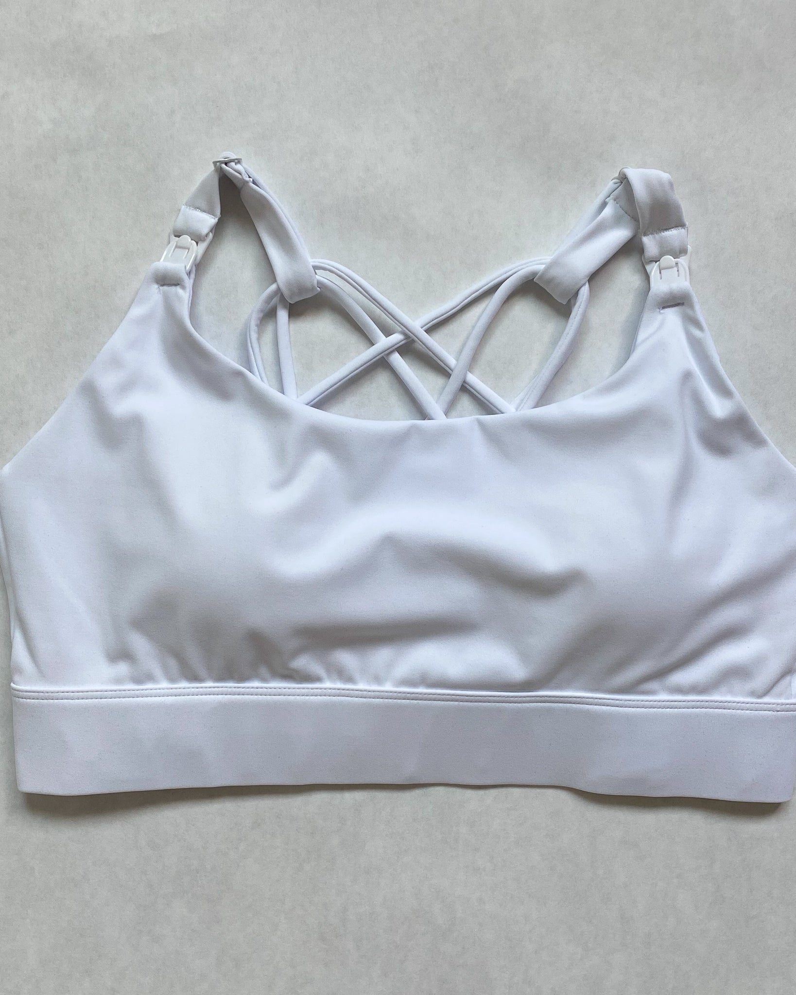Nursing Sports Bra, strappy, white, Adjustable straps, Oceane 2 - Sweat and Milk LLC