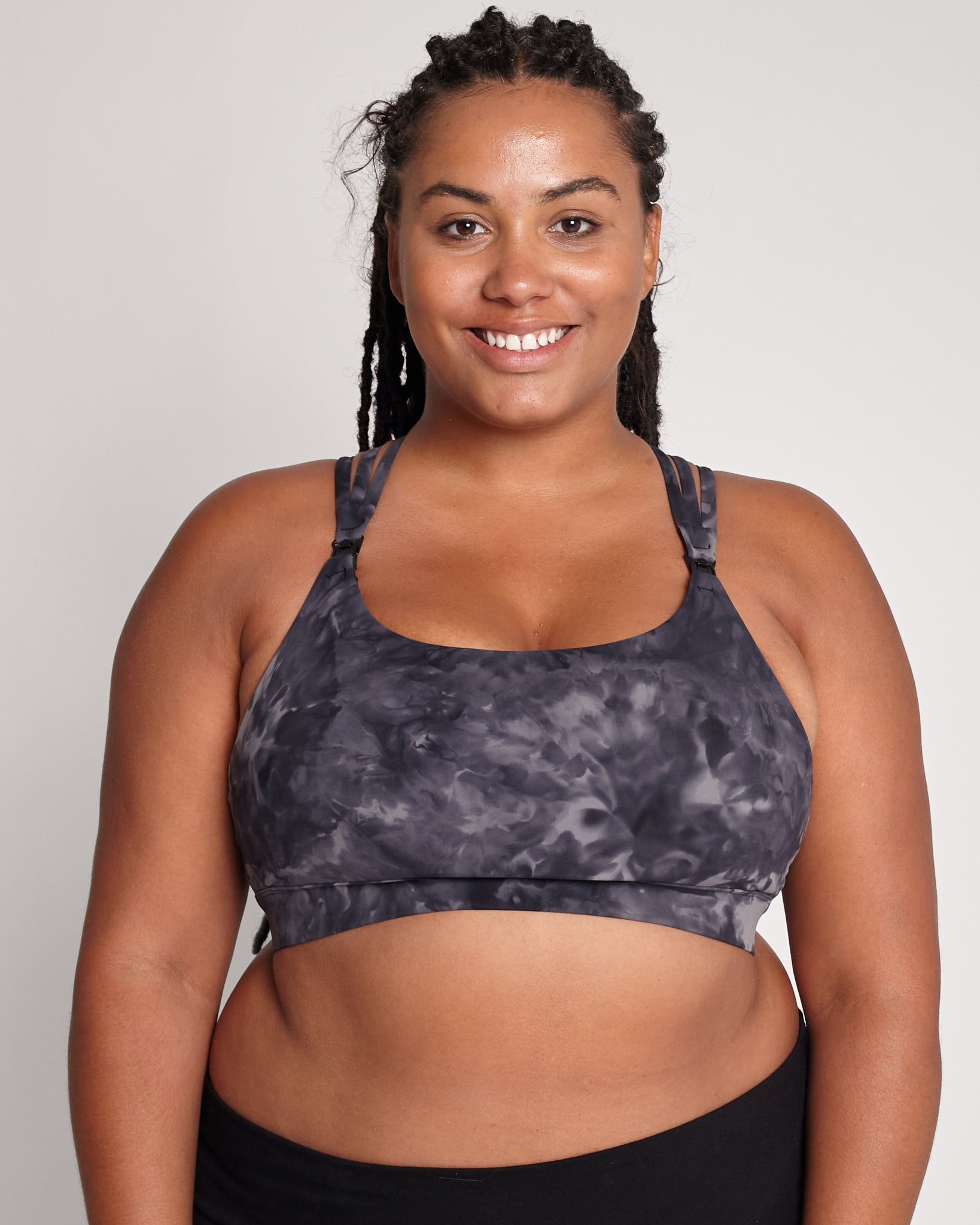 Chloe 4 Running Nursing and Pumping Sports Bra, black, strappy back, supportive, stylish, mid high impact, high coverage, supportive, large chest, black tie dye, sweat and milk