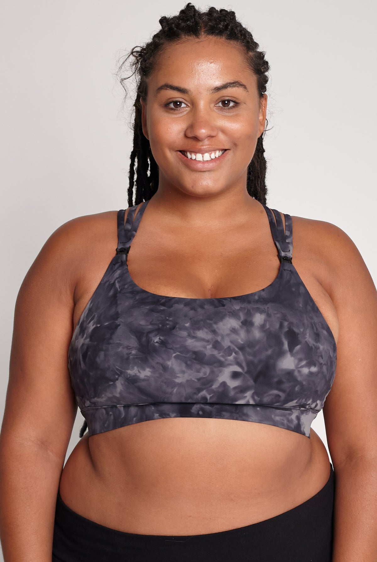 Chloe 4 Running Nursing and Pumping Sports Bra, black, strappy back, supportive, stylish, mid high impact, high coverage, supportive, large chest, black tie dye, sweat and milk