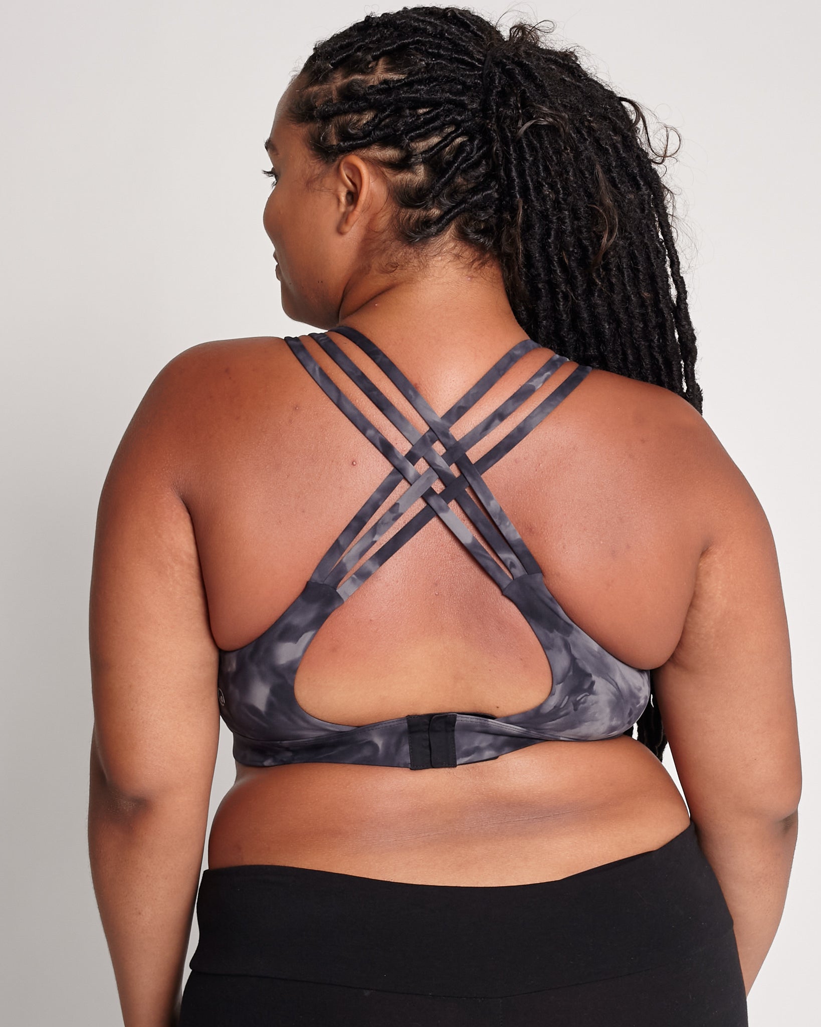 Chloe 4 Running Nursing and Pumping Sports Bra, black, strappy back, supportive, stylish, mid high impact, high coverage, supportive, large chest, black tie dye, sweat and milk