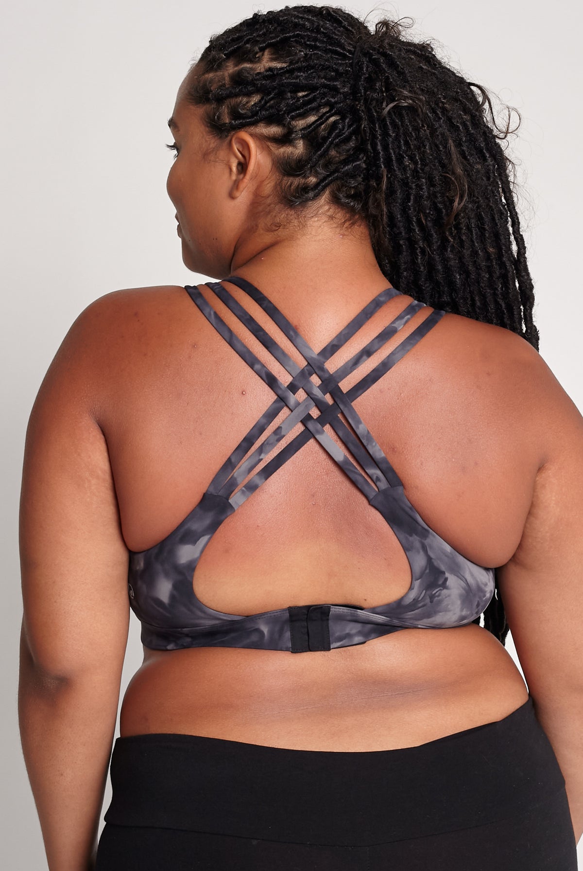 Chloe 4 Running Nursing and Pumping Sports Bra, black, strappy back, supportive, stylish, mid high impact, high coverage, supportive, large chest, black tie dye, sweat and milk