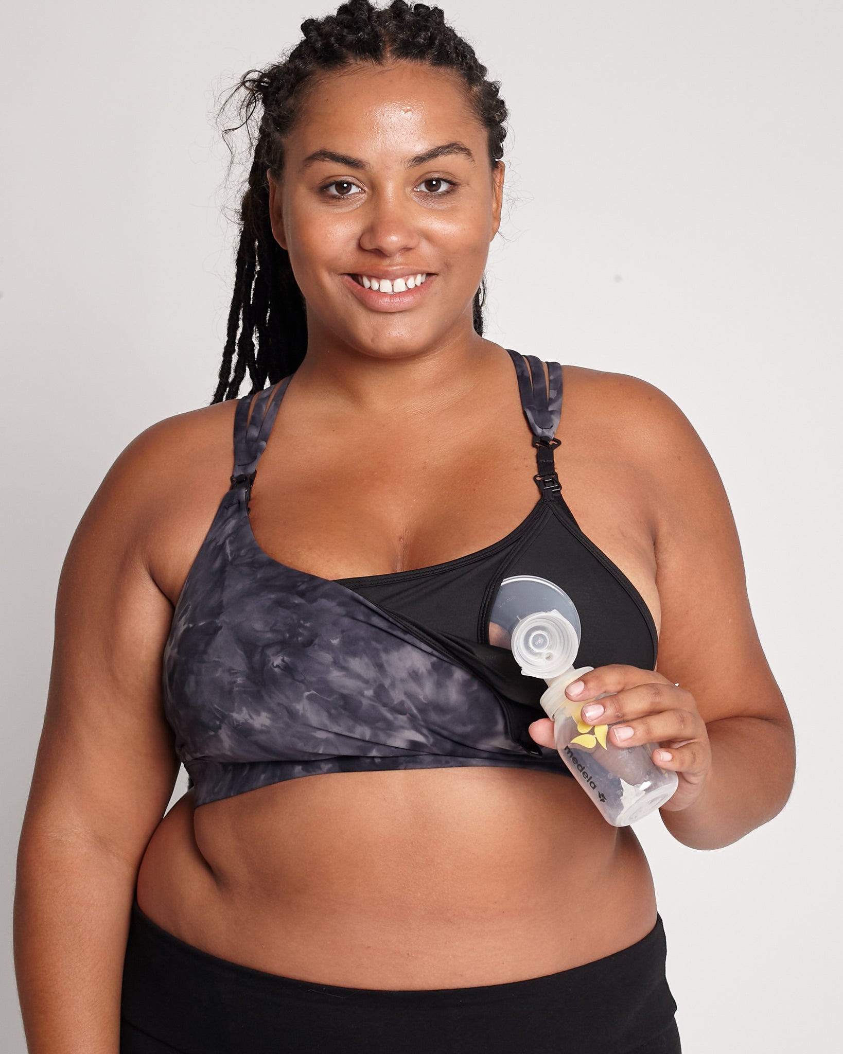 Chloe 4 Running Nursing and Pumping Sports Bra, black, strappy back, supportive, stylish, mid high impact, high coverage, supportive, large chest, black tie dye, sweat and milk