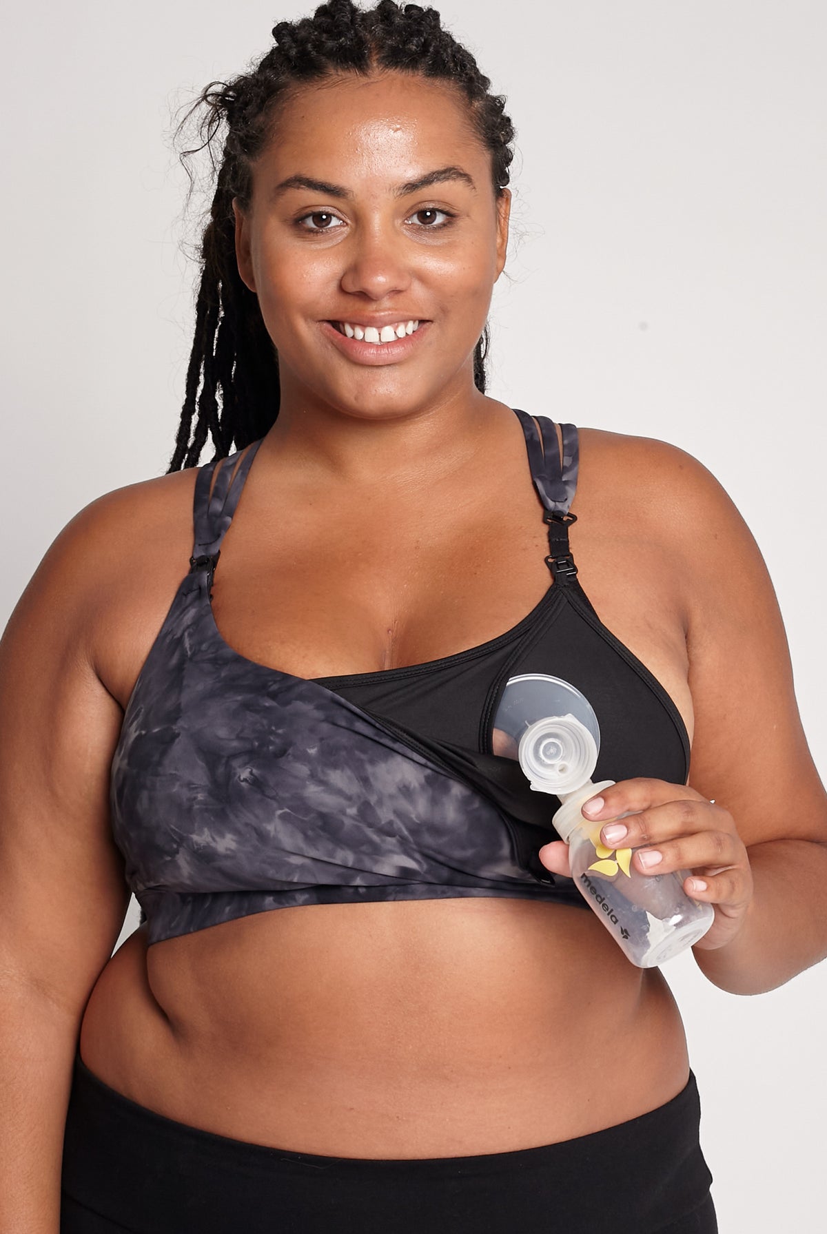 Chloe 4 Running Nursing and Pumping Sports Bra, black, strappy back, supportive, stylish, mid high impact, high coverage, supportive, large chest, black tie dye, sweat and milk