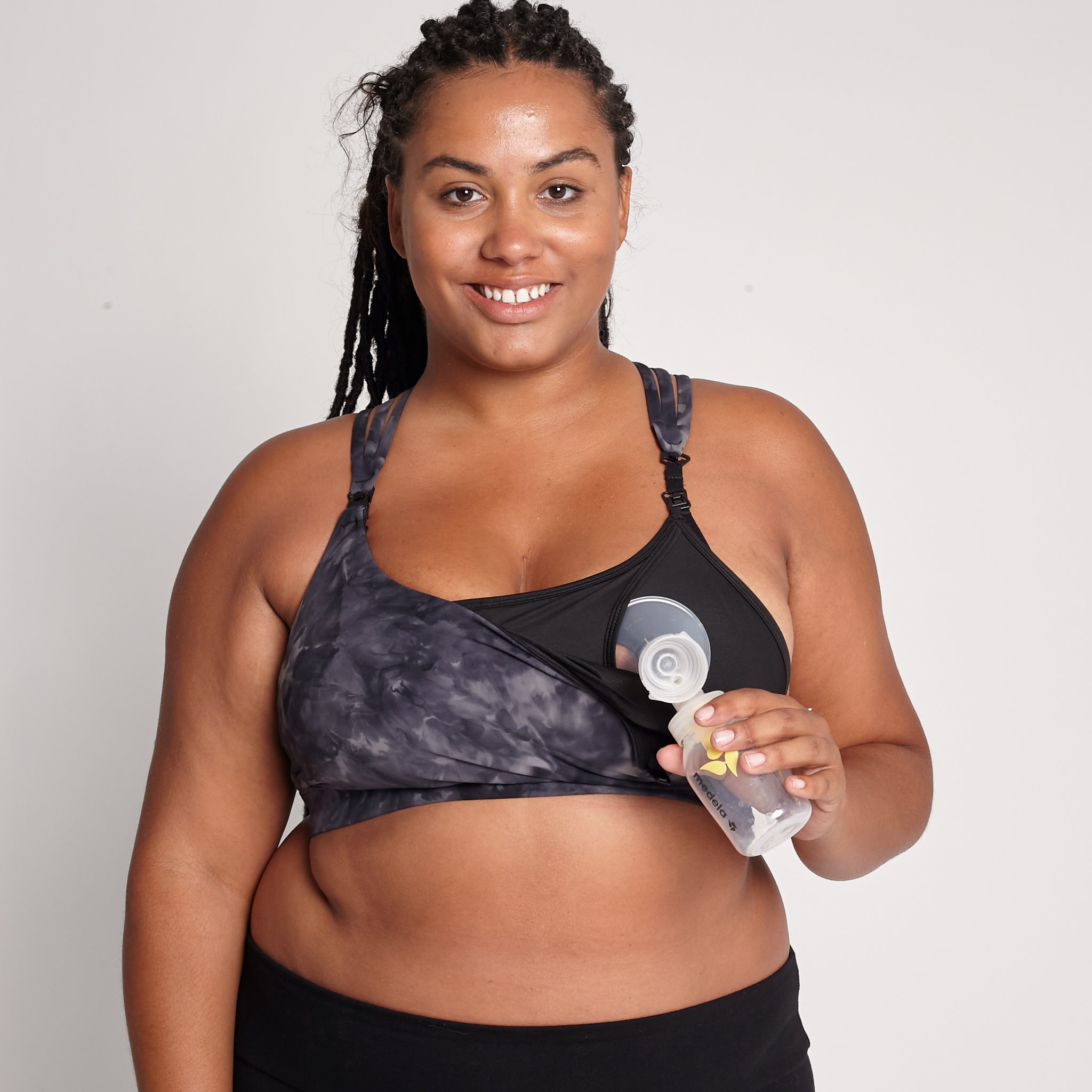 Chloe 4 Running Nursing and Pumping Sports Bra, black, strappy back, supportive, stylish, mid high impact, high coverage, supportive, large chest, black tie dye, sweat and milk