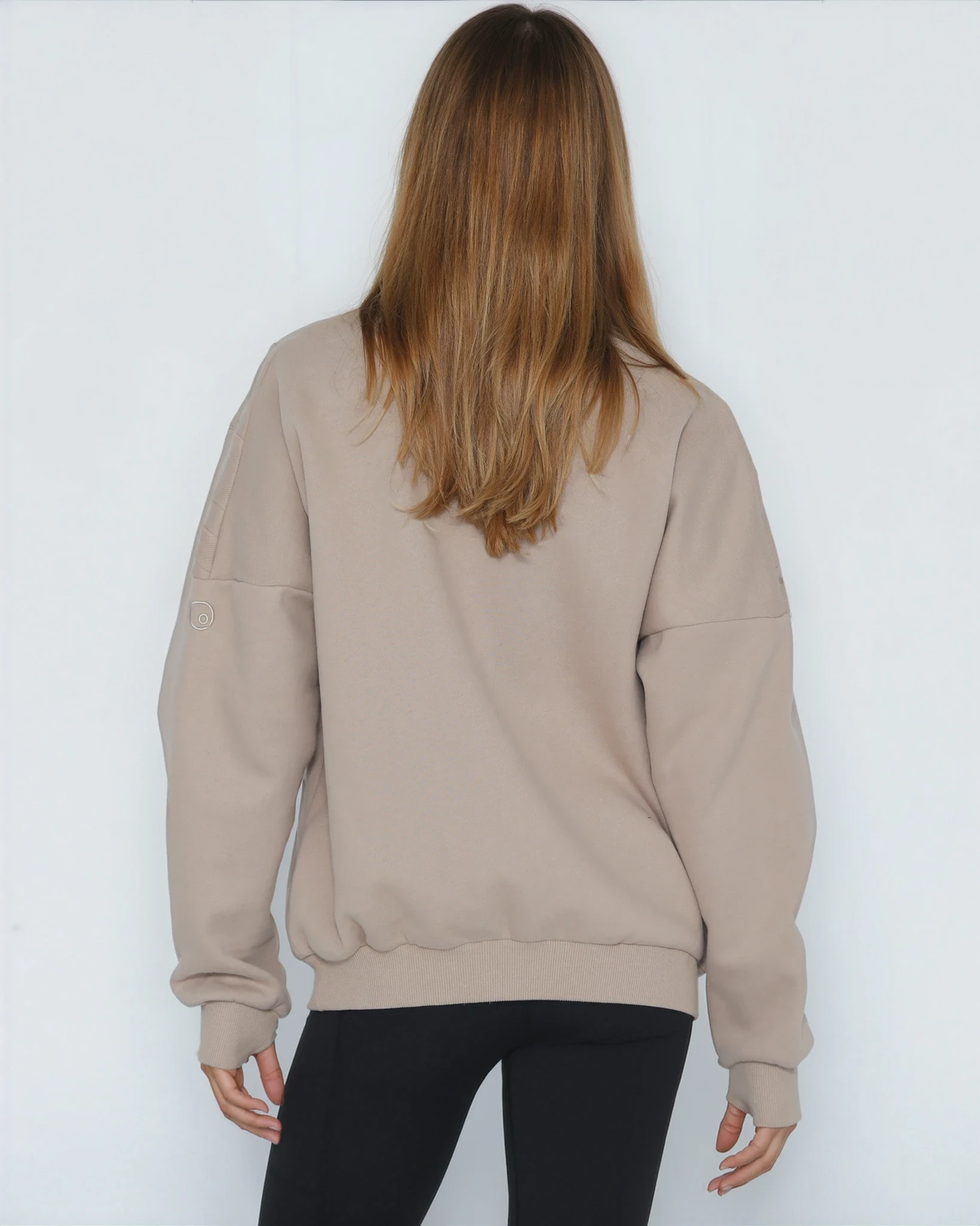 Isabella Oversized organic cotton nursing and pregnancy sweatshirt, sweat and milk, sand stone color, back shot half body