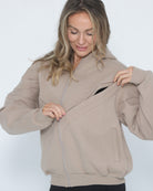Nursing hoodie, oversized, organic cotton, invisible zipper, sweat and milk, front shot with nursing zipper open