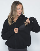 Nursing hoodie, oversized, organic cotton, invisible zipper, sweat and milk, front shot with nursing zipper open for breastfeeding access