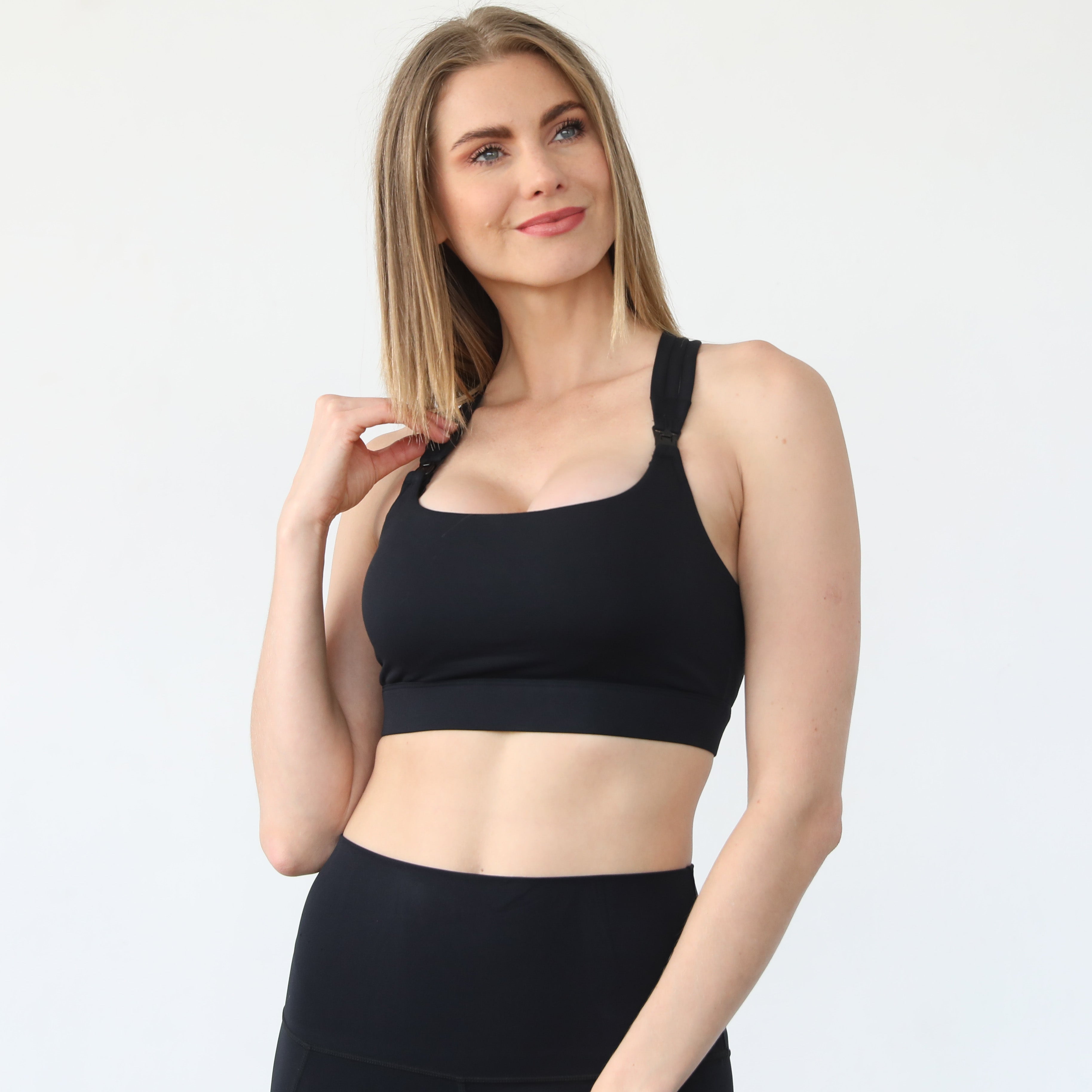 Chloe 4 running nursing and pumping sports bra, black, noir, sweat and milk