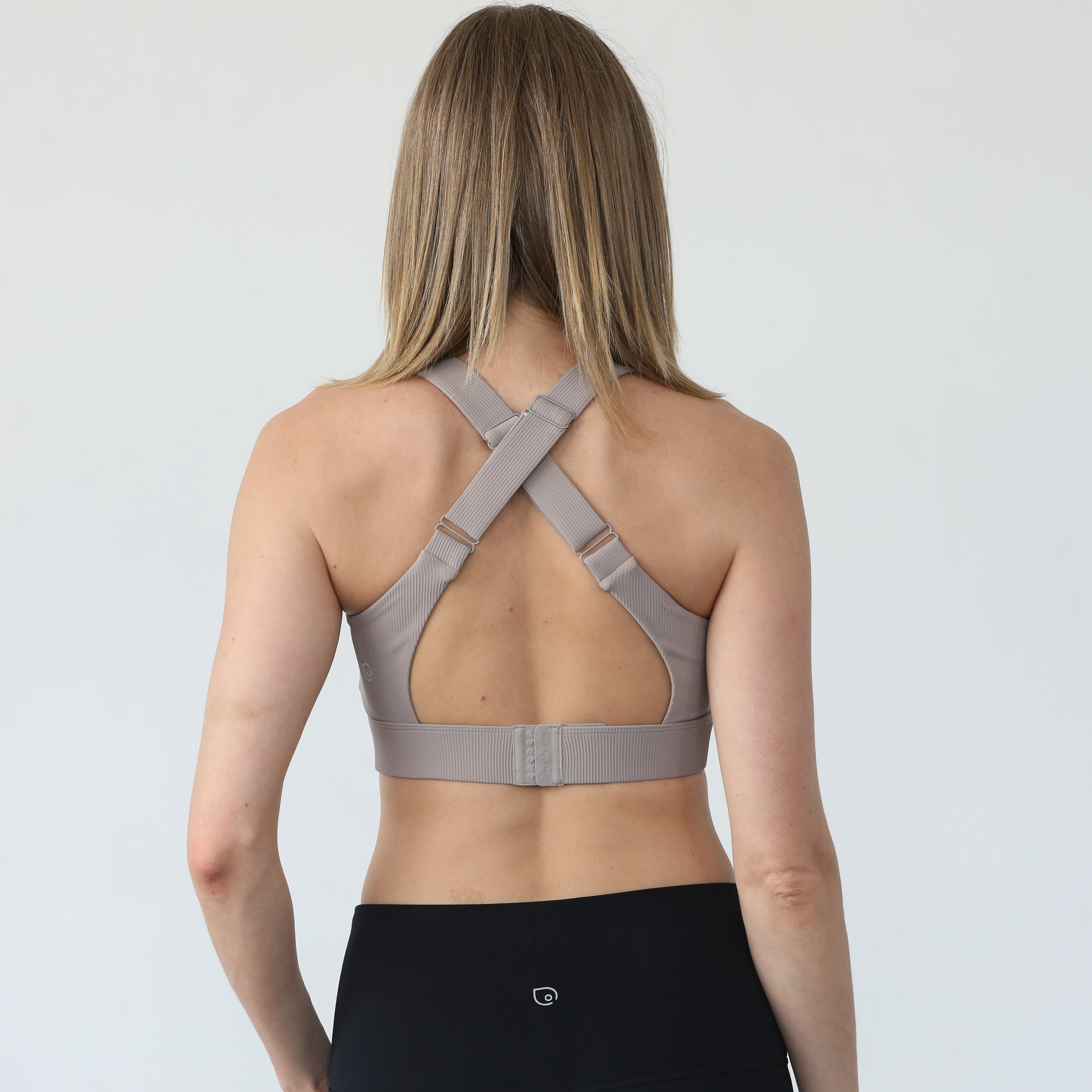 Venice 3 high impact nursing and pumping sports bra, back shot, ribbed chai, large chest, big cups, sweat and milk