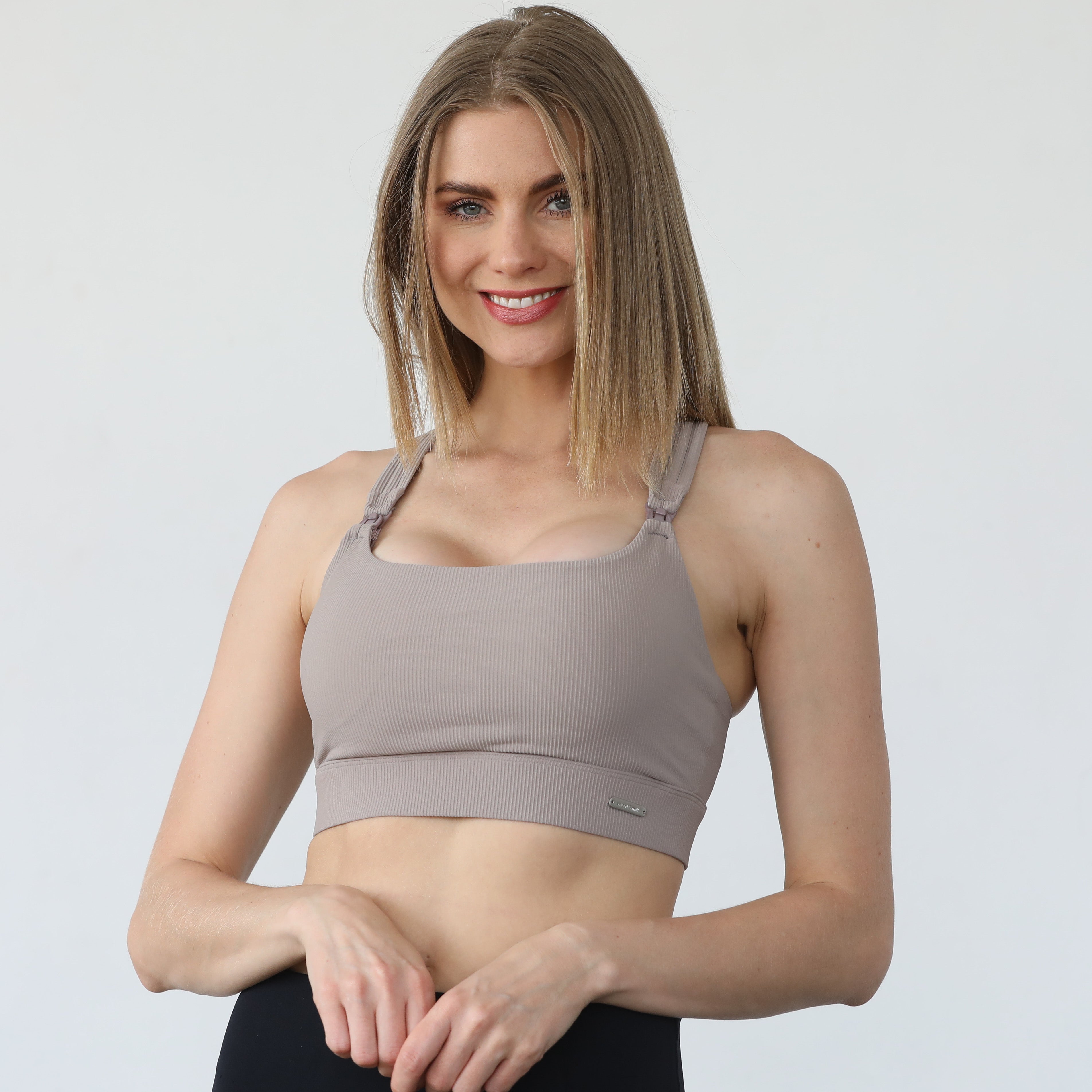 Chloe 4 running nursing and pumping sports bra, ribbed chai, sweat and milk