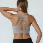 Chloe 4 running nursing sports bra, ribbed chai, high impact, back shot of the strappy straps
