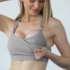 Chloe 4 running nursing and pumping sports bra, ribbed chai, sweat and milk