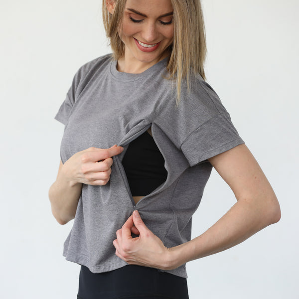 Abigail Organic Cotton Short Sleeve Nursing T-Shirt (Pine) in Dark Gray
