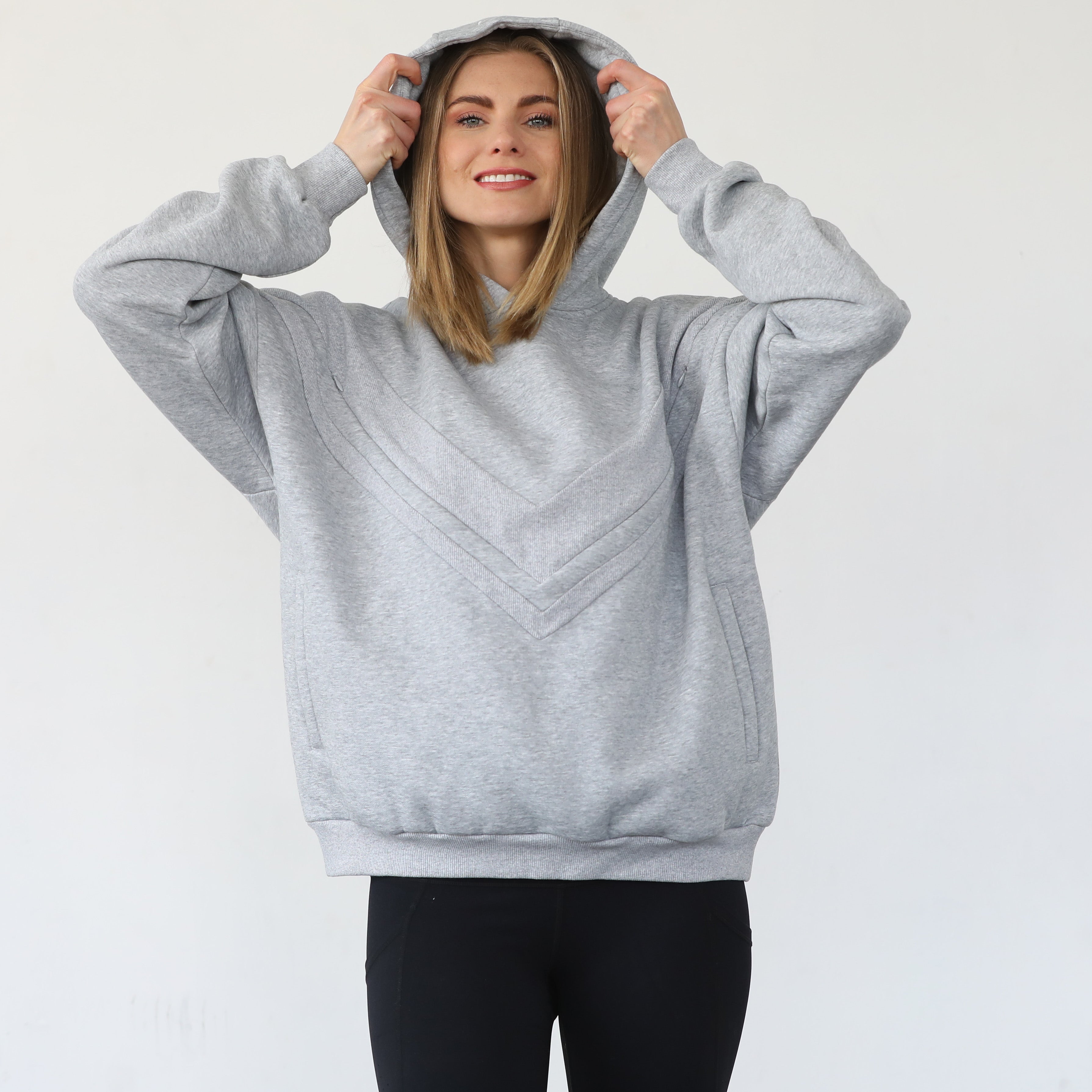 Isabella nursing and pregnancy hoodie, heather gray, sweat and milk