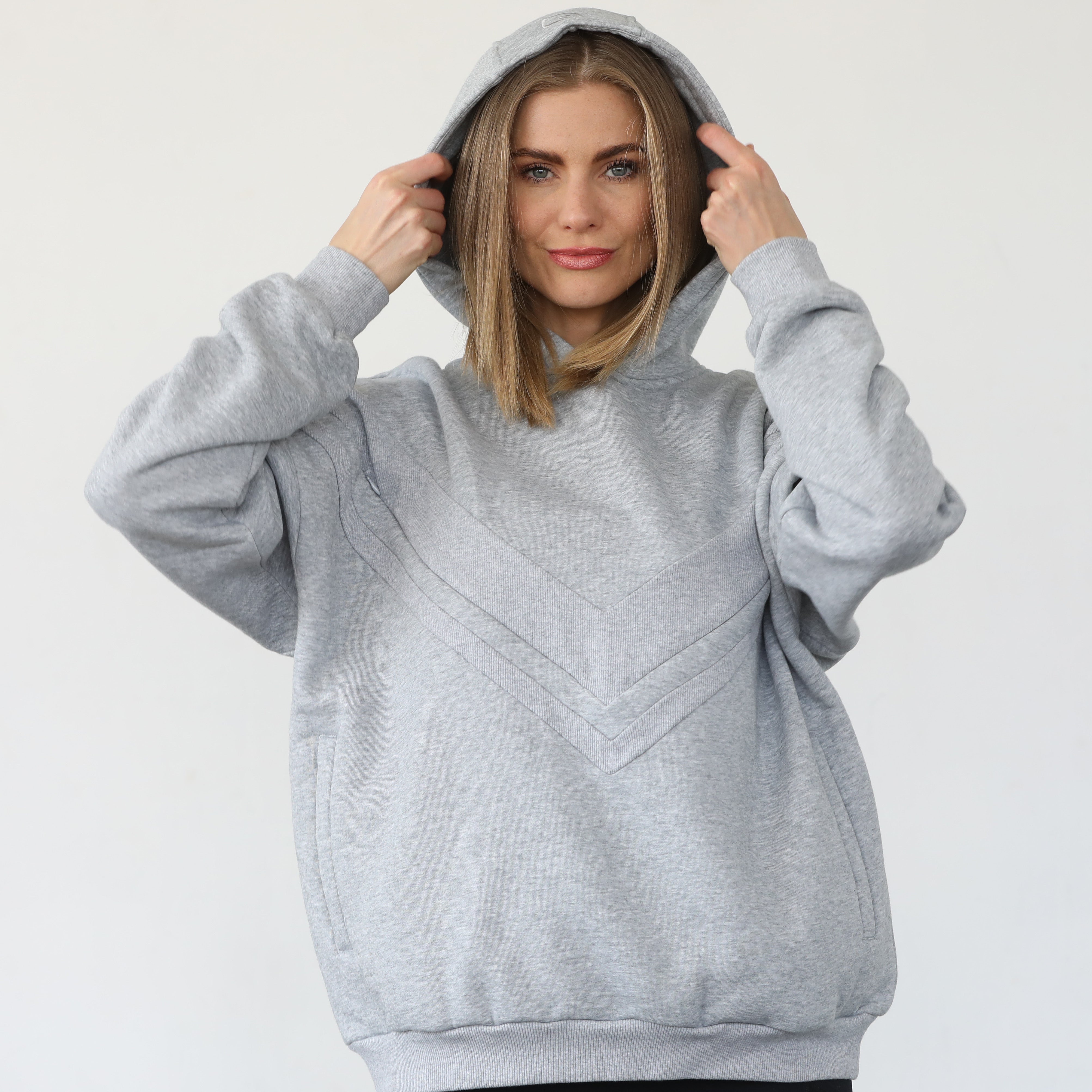 Isabella nursing and pregnancy hoodie, heather gray, sweat and milk
