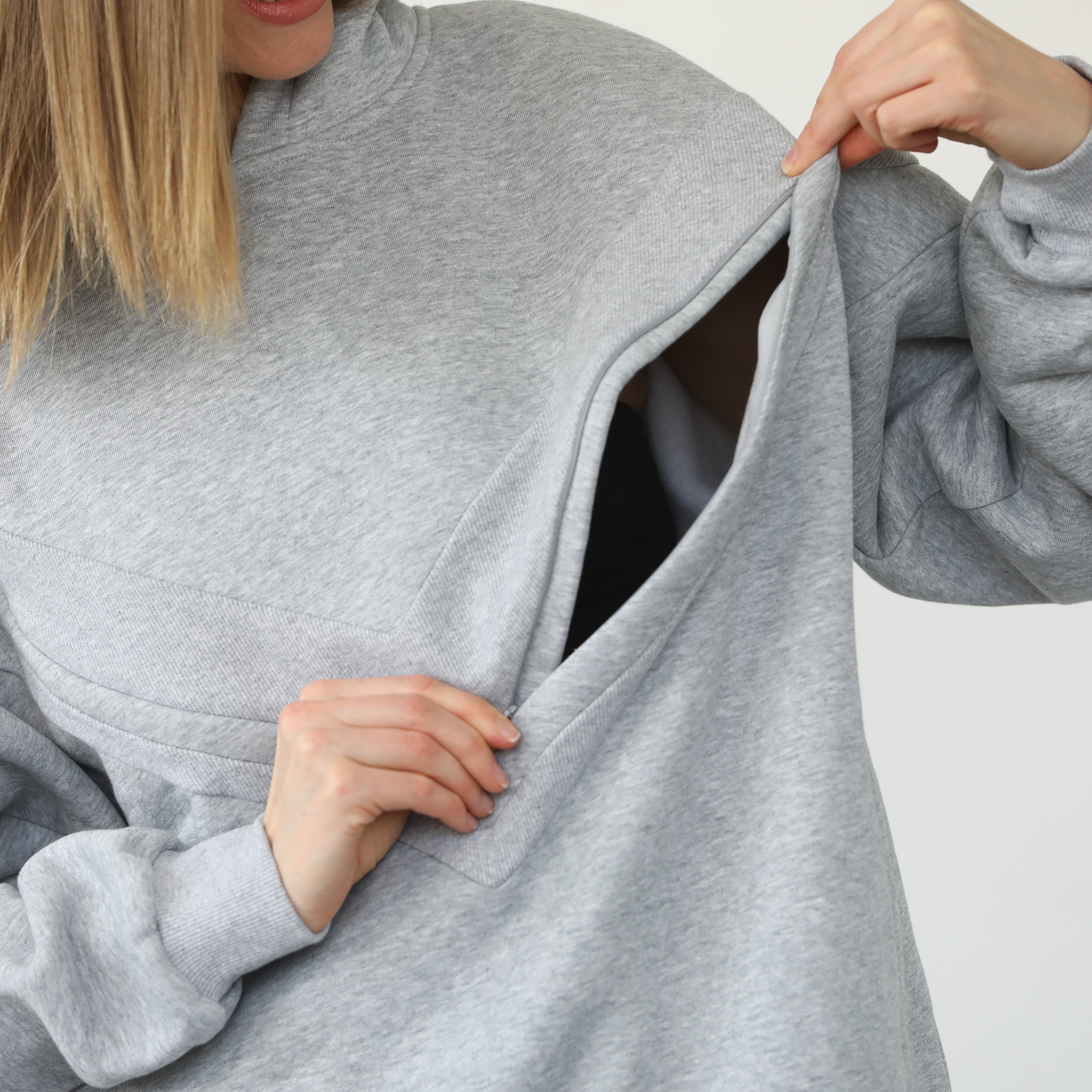 Isabella nursing and pregnancy hoodie, heather gray, sweat and milk