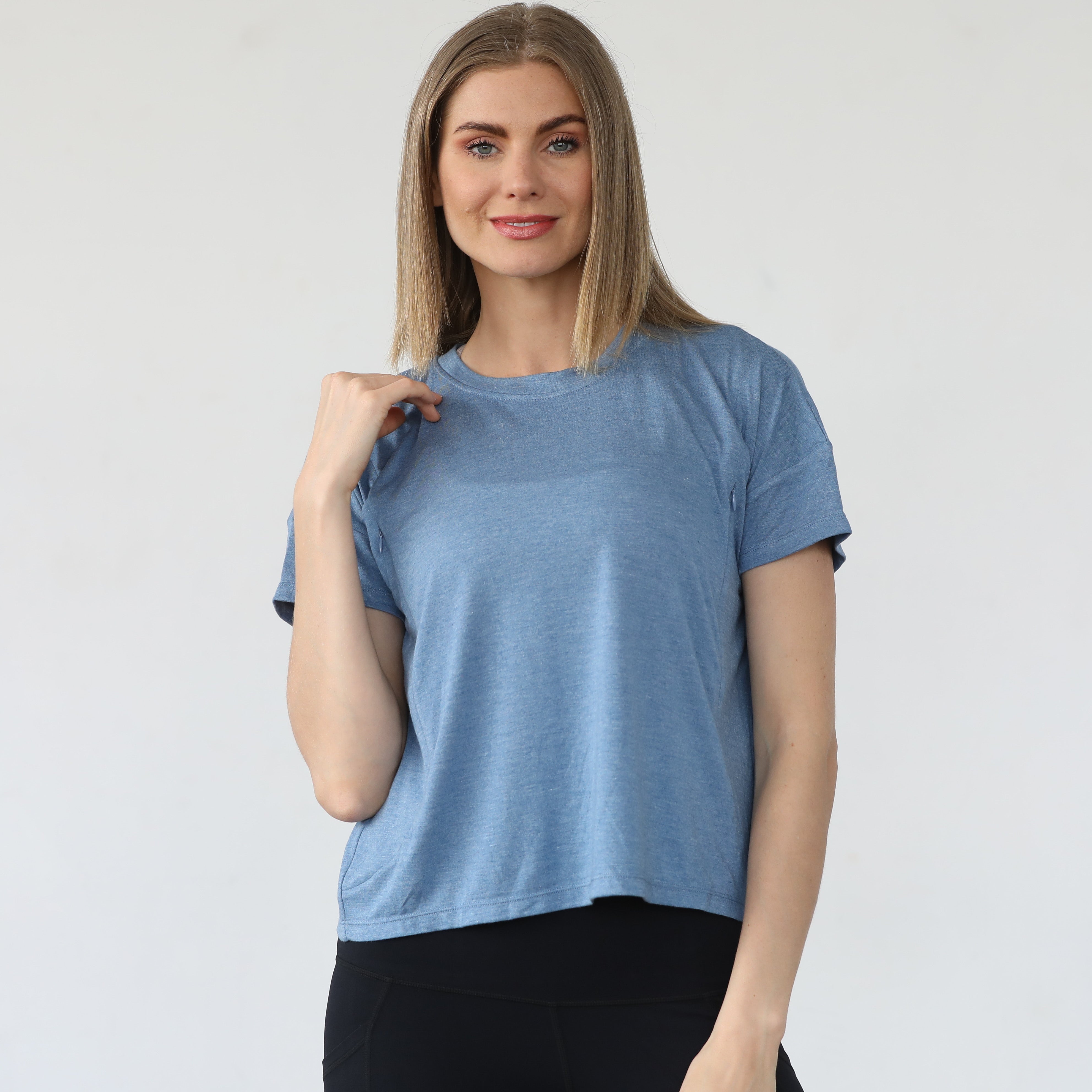 Abigail nursing short sleeve top, pacific blue, sweat and milk