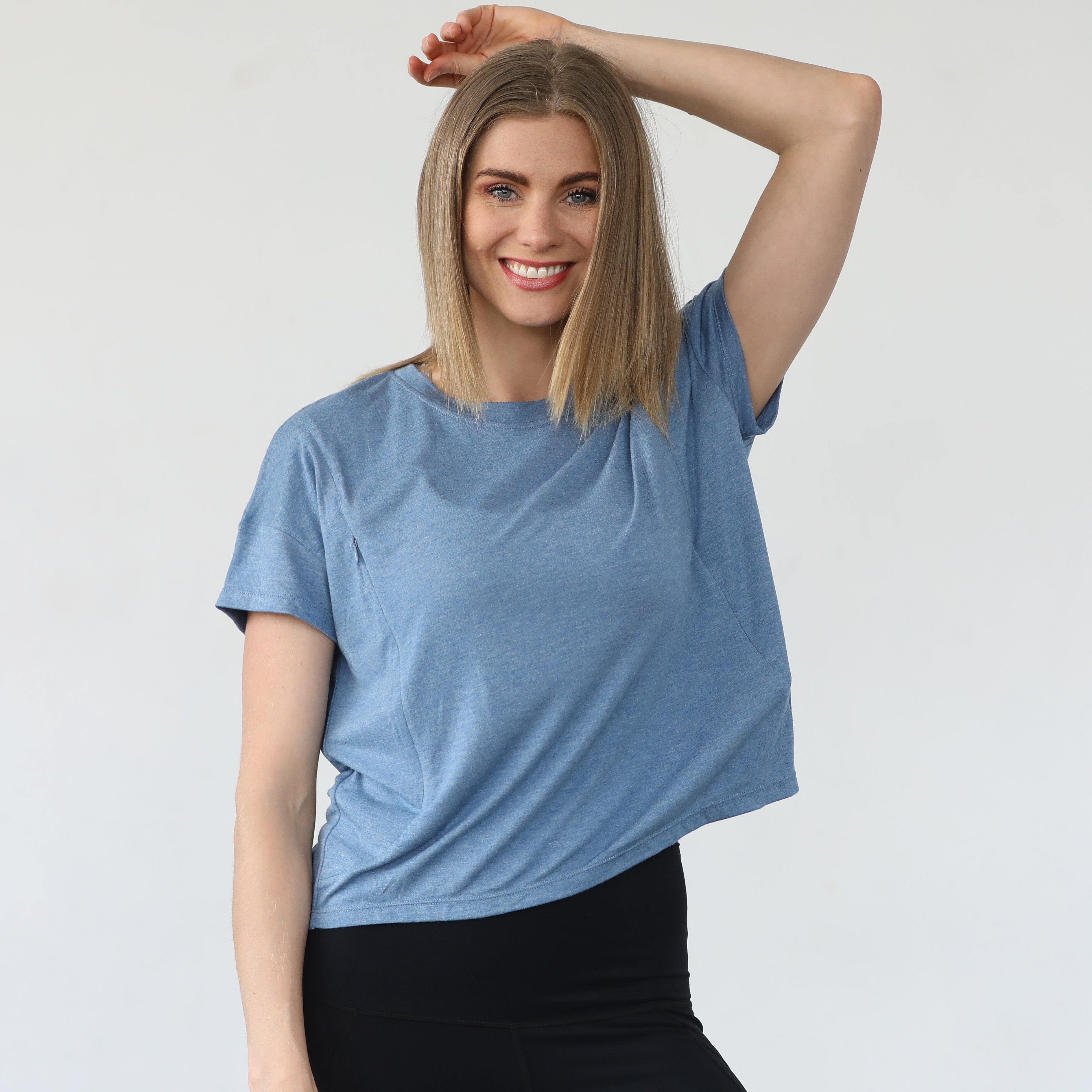 Abigail nursing short sleeve top, pacific blue, sweat and milk
